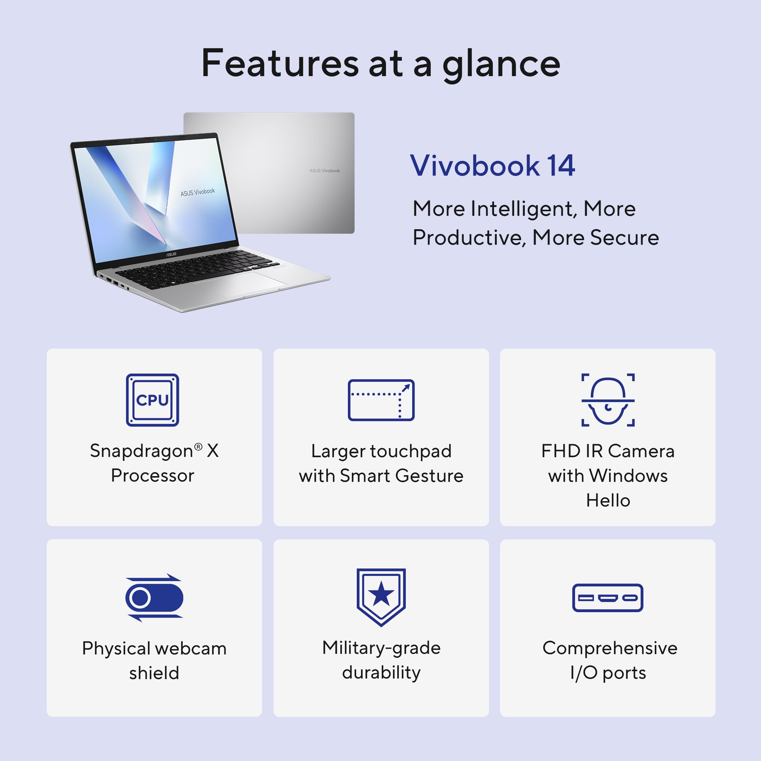 ASUS Vivobook 14 Laptop, 14” WUXGA 60Hz Display, Qualcomm Snapdragon X, Qualcomm Adreno GPU, 16GB RAM, 512GB SSD, Windows 11, Cool Silver, X1407QA-BS56