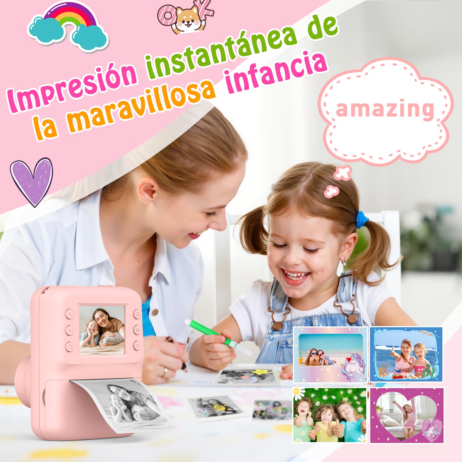 Camara Fotos Infantil Instantanea, Regalo Niña 3 4 5 6 7 8 Años 2.4" HD Camara Fotos Infantil Juguetes Niñas 3-12 Años Regalos Cumpleaños Niños Cámara Instantánea Niños Regalos Navidad