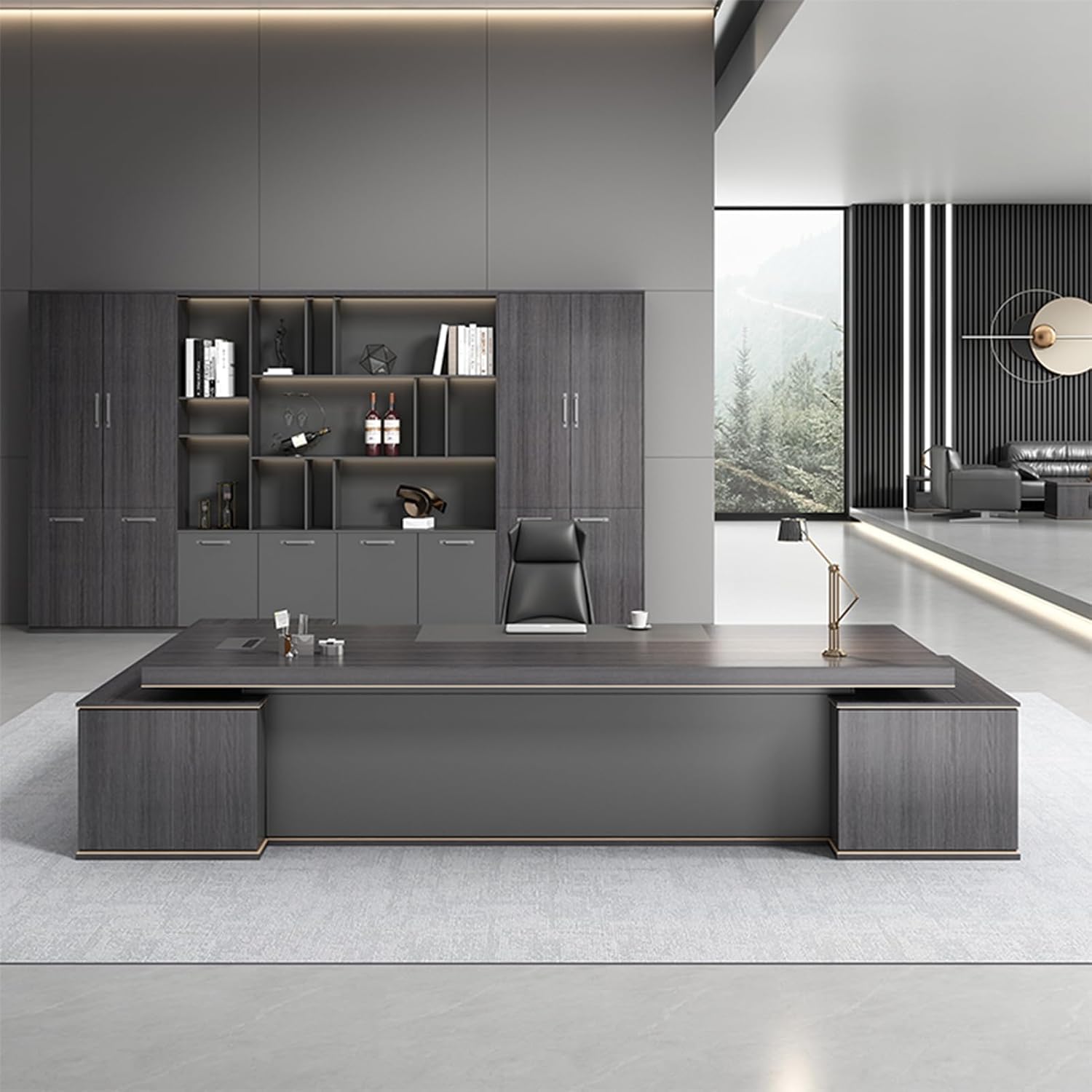 102" Wood Black Executive Office Desk Computer Desk with Lateral Cabinet Writing Study Table Business Furniture Set for CEO Boss