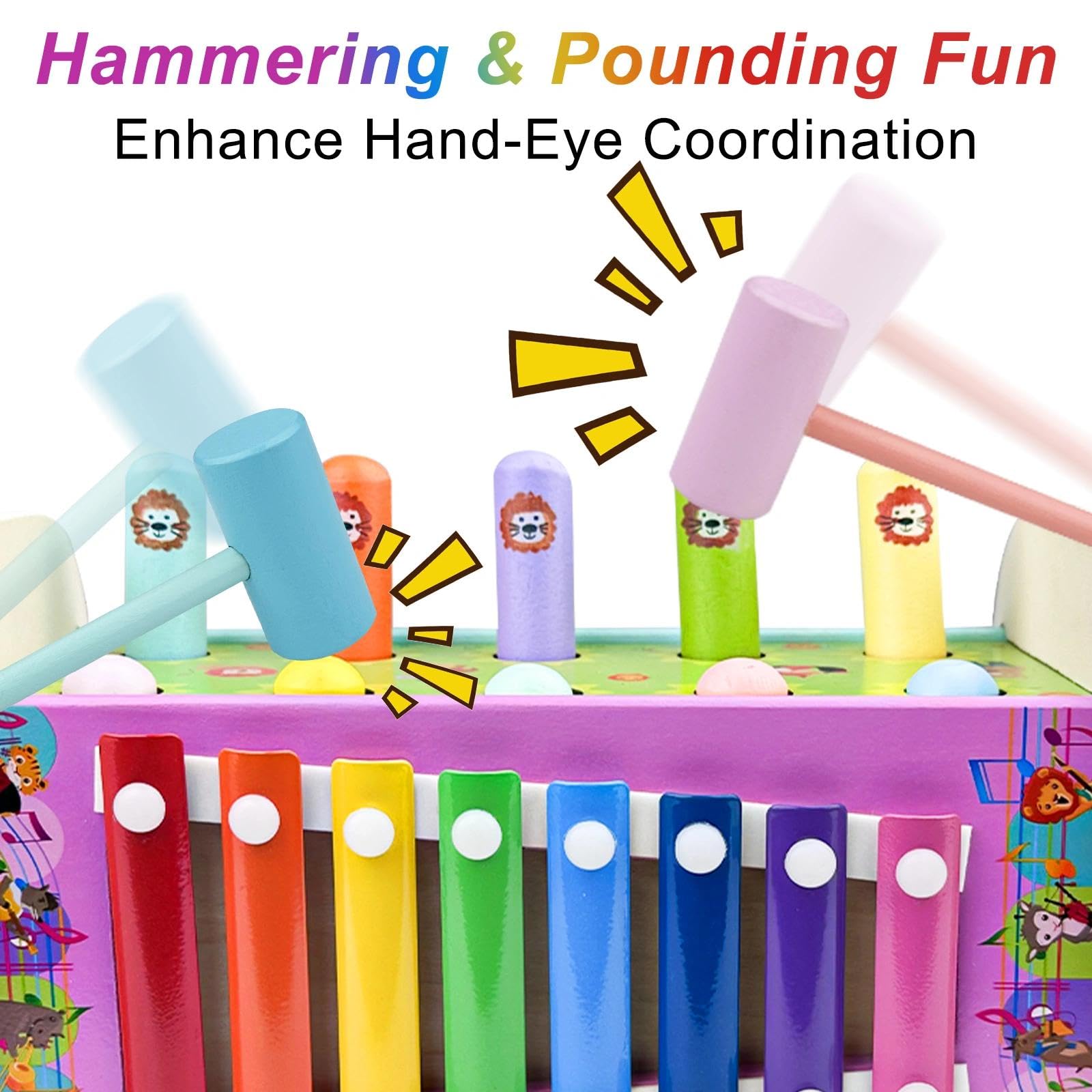 Jouet Xylophone Bebe 3 en 1, Montessori Marteau en Bois, Jeux Chasse Taupe, Banc À Marteler, Motricité Fine Cadeau Enfant 1-4 Ans