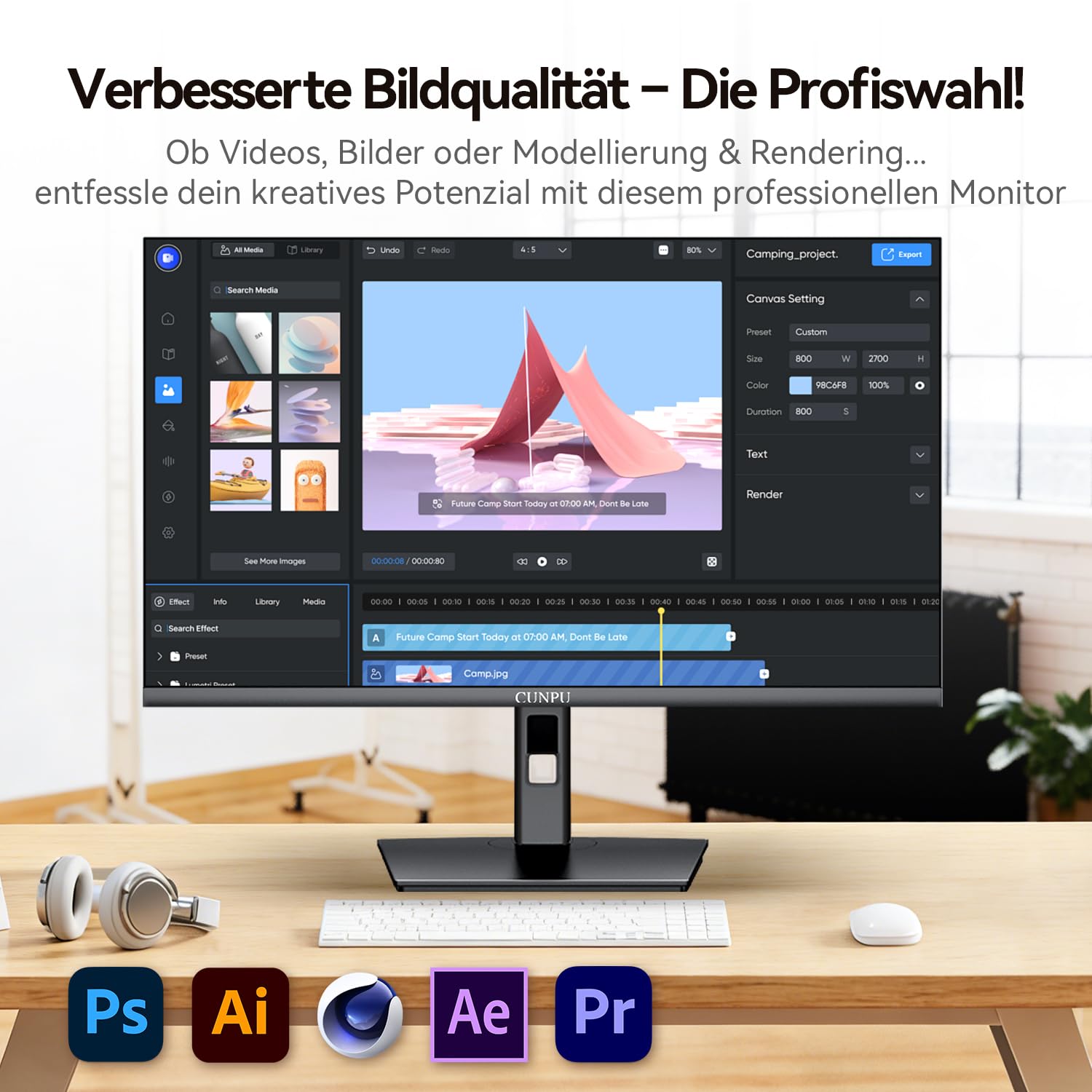 CUNPU 27 Zoll 4K Monitor USB-C 65W, Matt IPS Panel 1ms GTG, USB Hub, SRGB 122%, DCI-P3&AdobeRGB 95%, Delta E＜2, HDR, Eye Care, VESA(100X100mm), 1x DP HDMI USB-C USB-B, 2xUSB-A