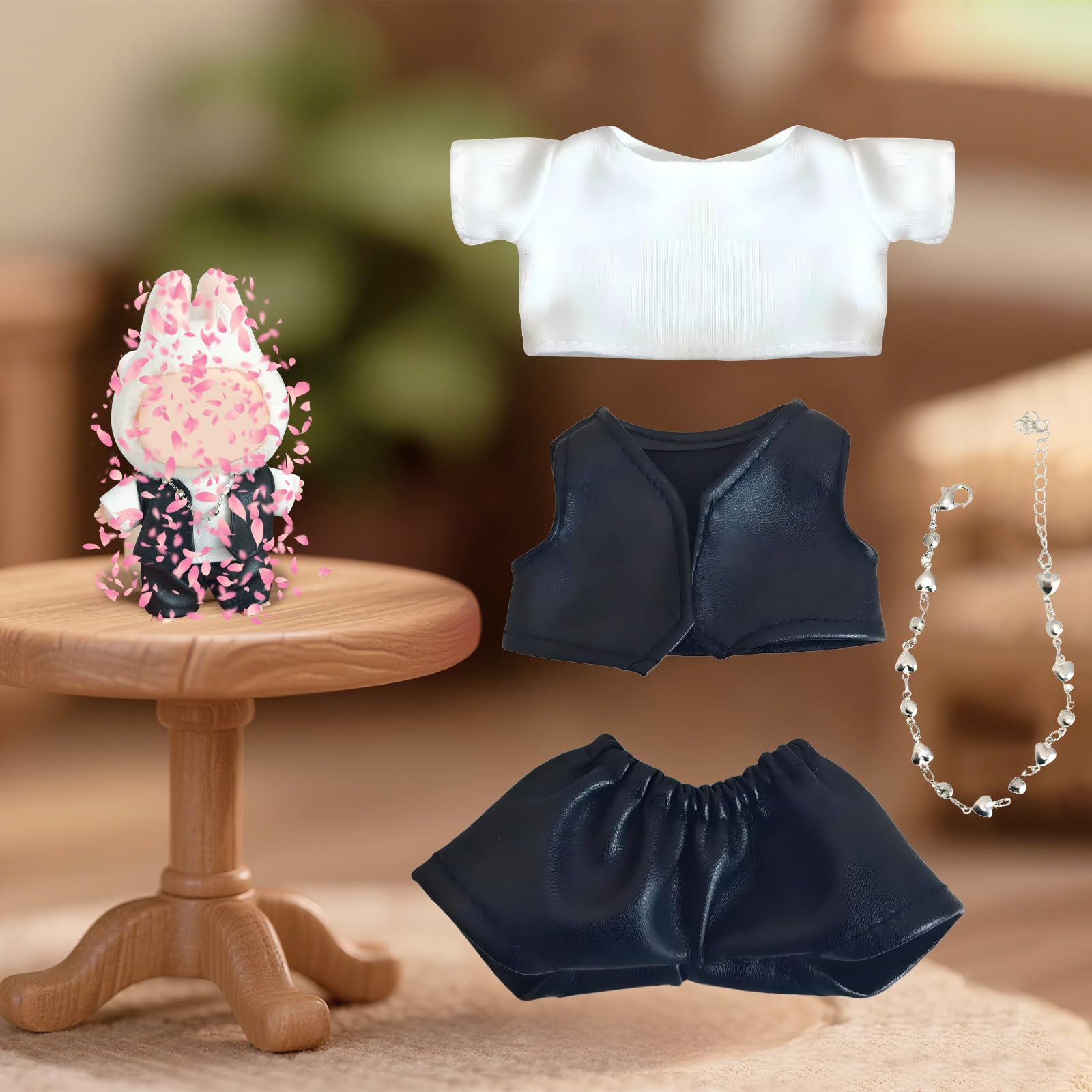 Puppenkleidung-Set Für 15–17 Cm Plüschpuppen – Inkl. Hut, Rotes Top & Schwarze Hose (3-teilig)