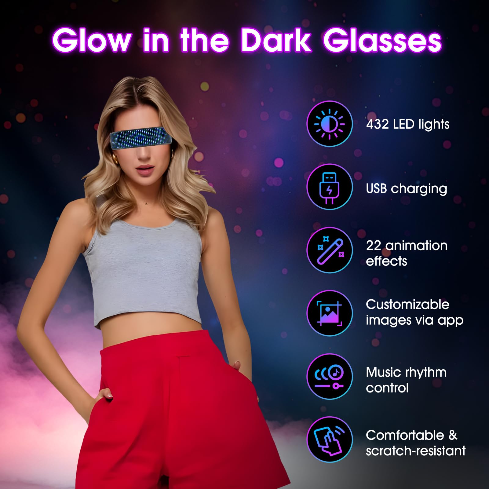 Gugxiom Divertidas gafas LED, gafas de fiesta LED, control de aplicaciones, imagen DIY, decoración luminosa recargable por USB, gafas luminosas únicas para danza de barba, fiesta de Halloween