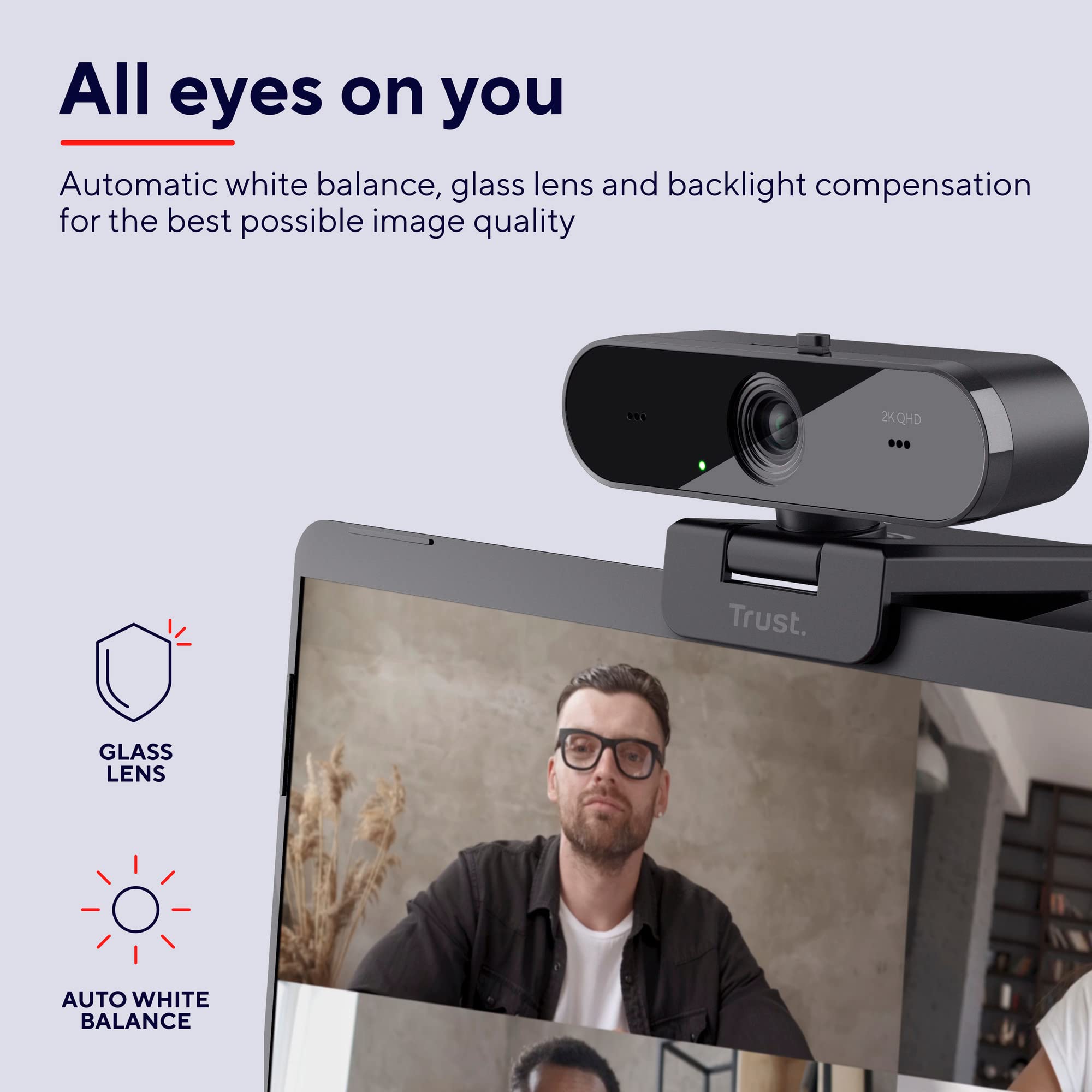 Trust Taxon 2K QHD Webcam 2560x1440p USB Kamera mit Abdeckung, Autofokus | Weitwinkel, 2 Mikrofone, 85% Recycling-Kunststoff, Videokamera für Konferenzen Videoanrufe Teams Zoom