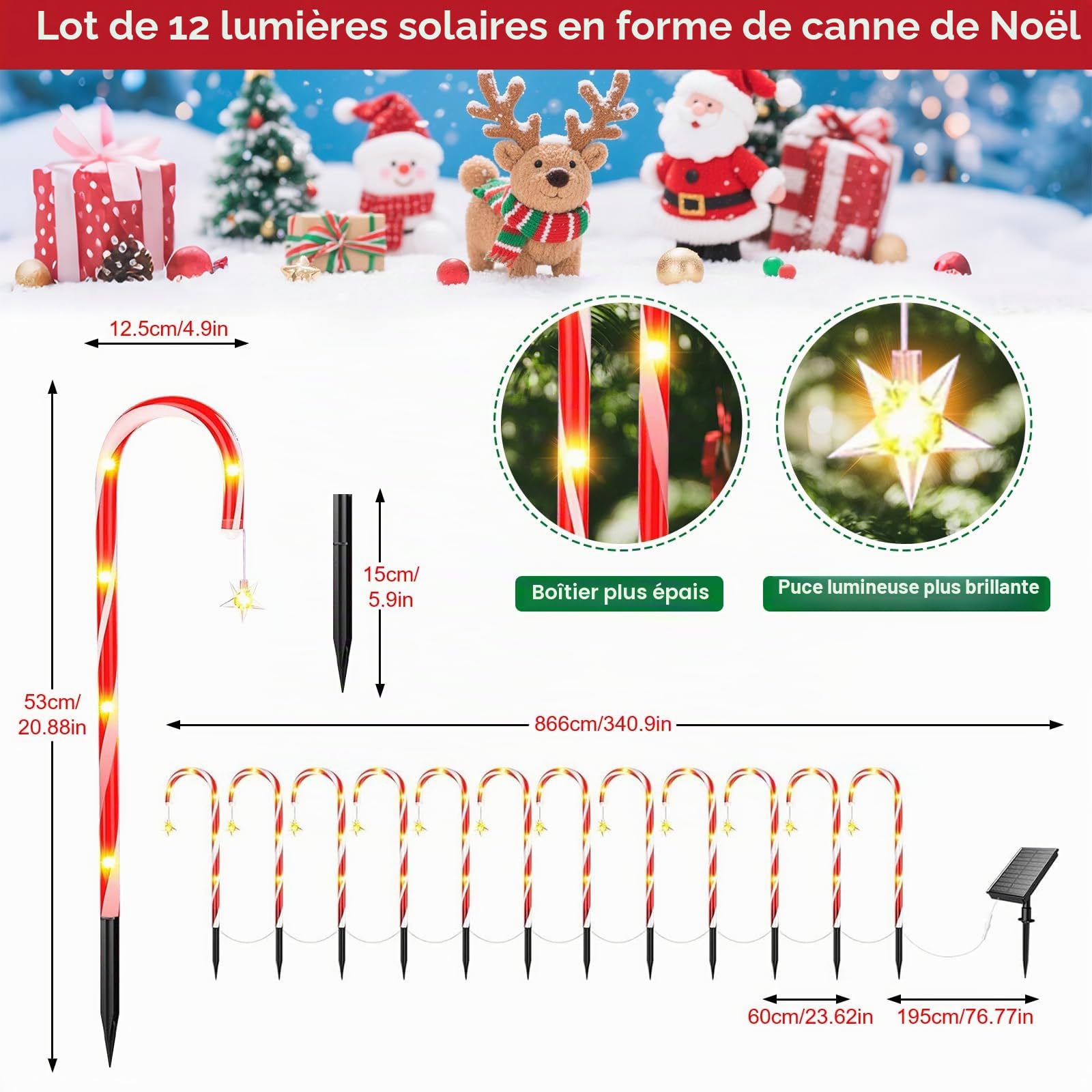 Qoosea Decoration Noël Canne Lumière Solaire Extérieur, 12 Pack 8 Modes Cannes à Sucre Lumineuse de Noël avec Télécommande, IP65 Étanche Lampe Solaire Exterieur Décor pour Jardin Chemin Cour