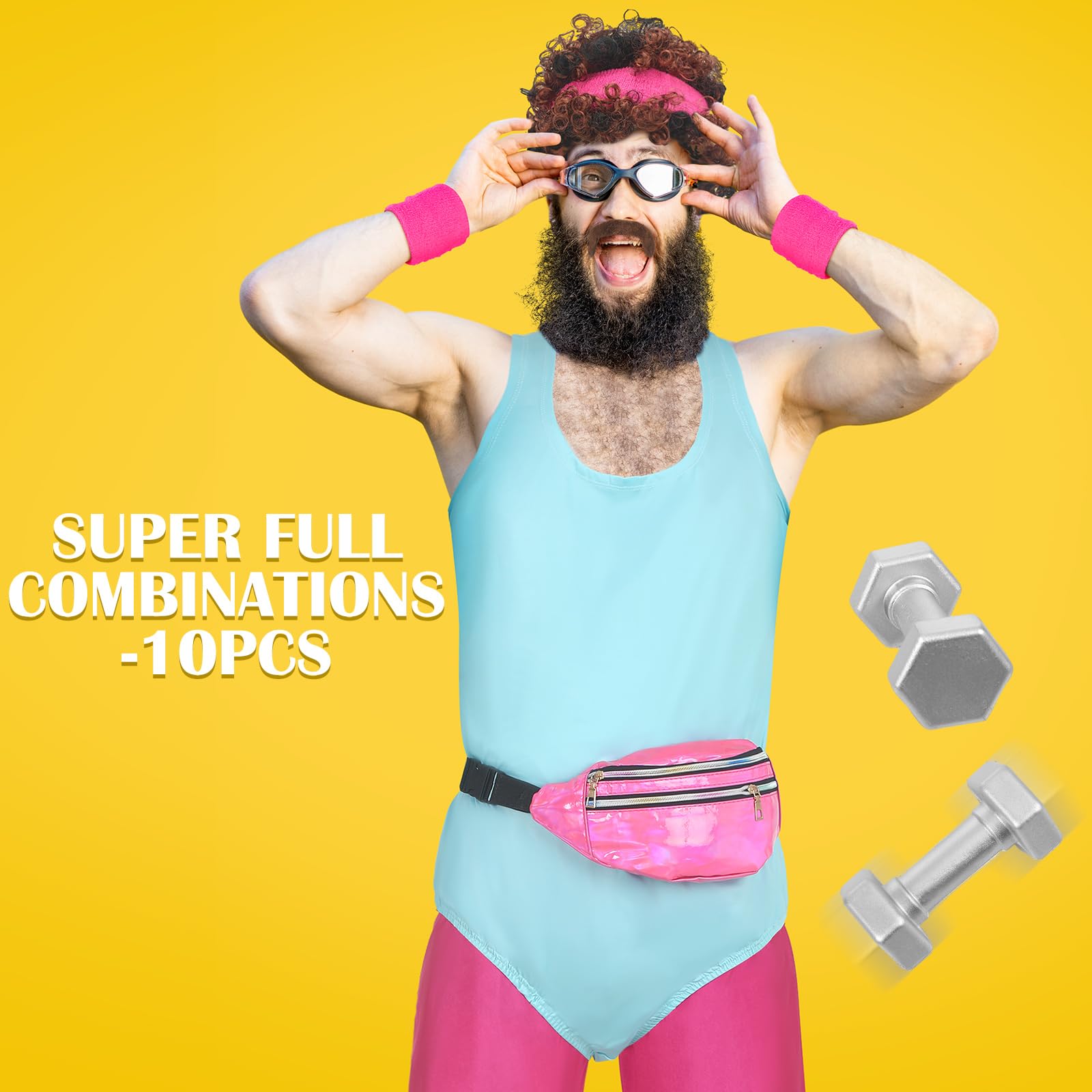 Jiuguva 9 Pcs 80s Workout Costume Men Exercise Costume 80s Fitness Outfit Fanny Pack Foam Dumbbell Curls Wig for Halloween(Large)