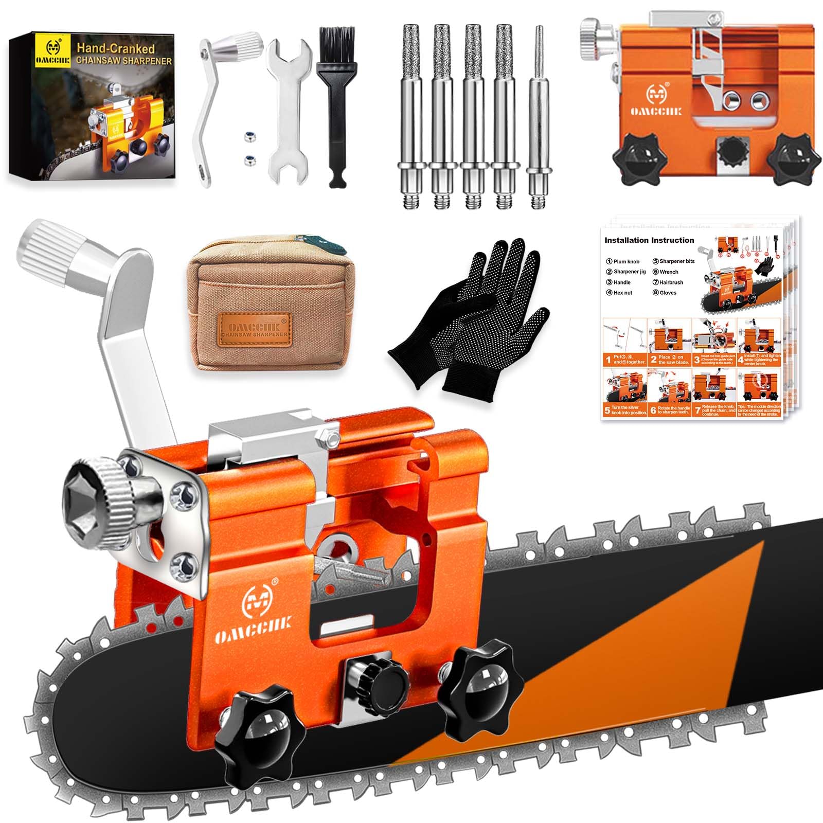 OMCCHK Chain Saw Sharpening Jig Kit with 5 Diamond Sharpening Stones. Hand-Cranked Tool, Mini Portable Chainsaw Sharpener for 4 -22" Electric Saws .