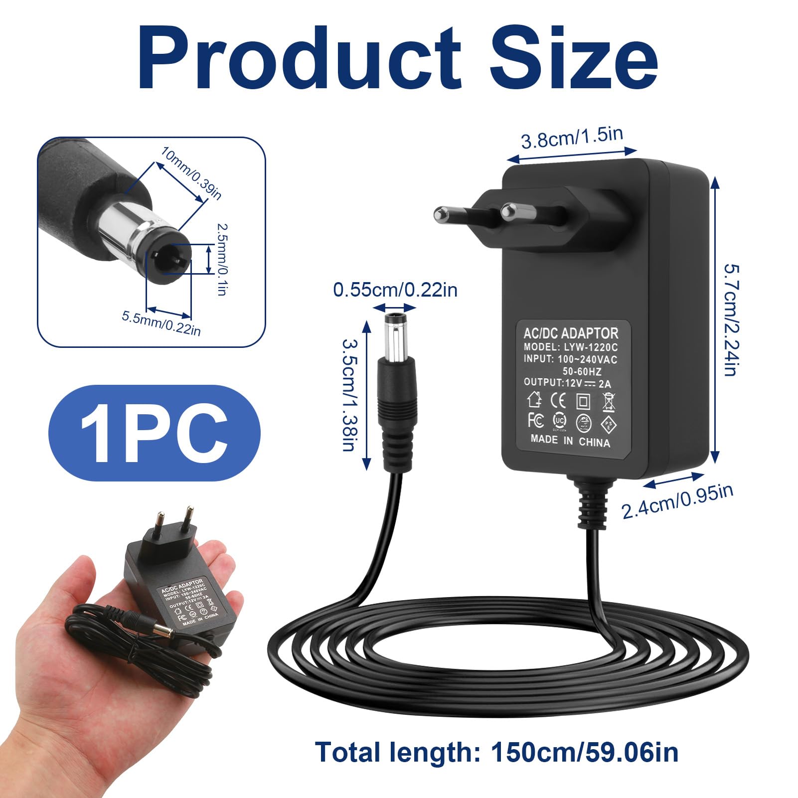 Alimentatore 12 V 2 A, adattatore AC/DC, caricatore DC 5,5 x 2,5 mm, per LED, telecamere di sicurezza, router