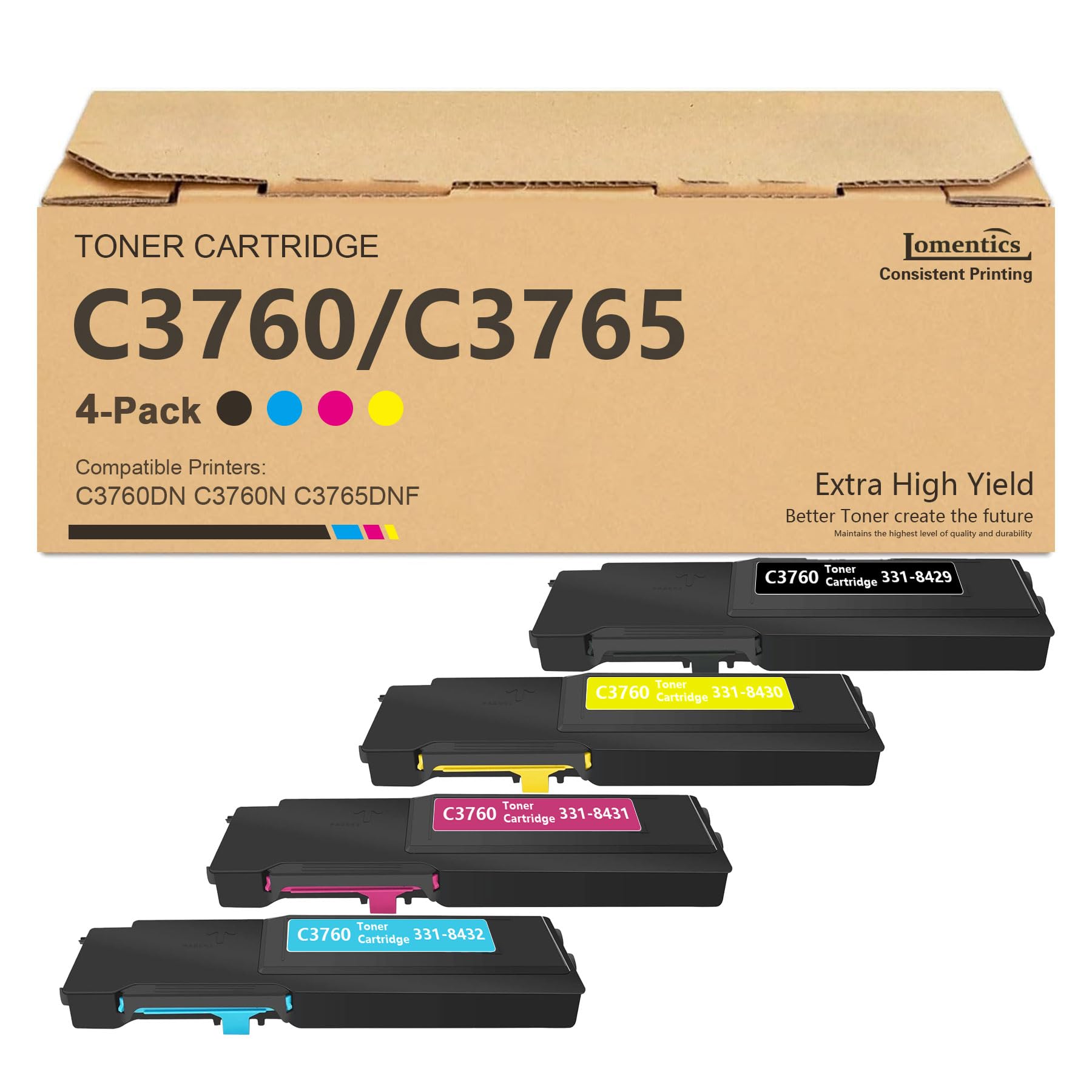 C3760 C3765 Extra High Yield Toner Cartridge 331-8429 8432 8431 8430 Replacement for Dell C3760n C3760dn C3765dnf Printer 4-Pack (BK/C/M/Y)