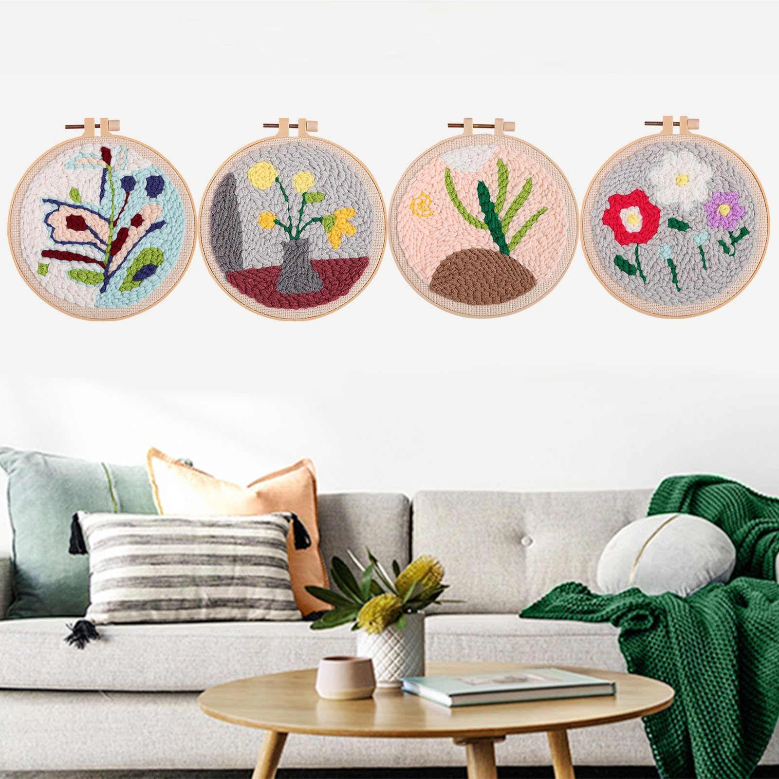 Allazone 4 Punch Needle Starter Kit, Kit di Ricamo per Aghi da Punzonatura con Motivo e Lstruzioni, Set da Ricamo per Principianti e Adulti, Piante e Fiori