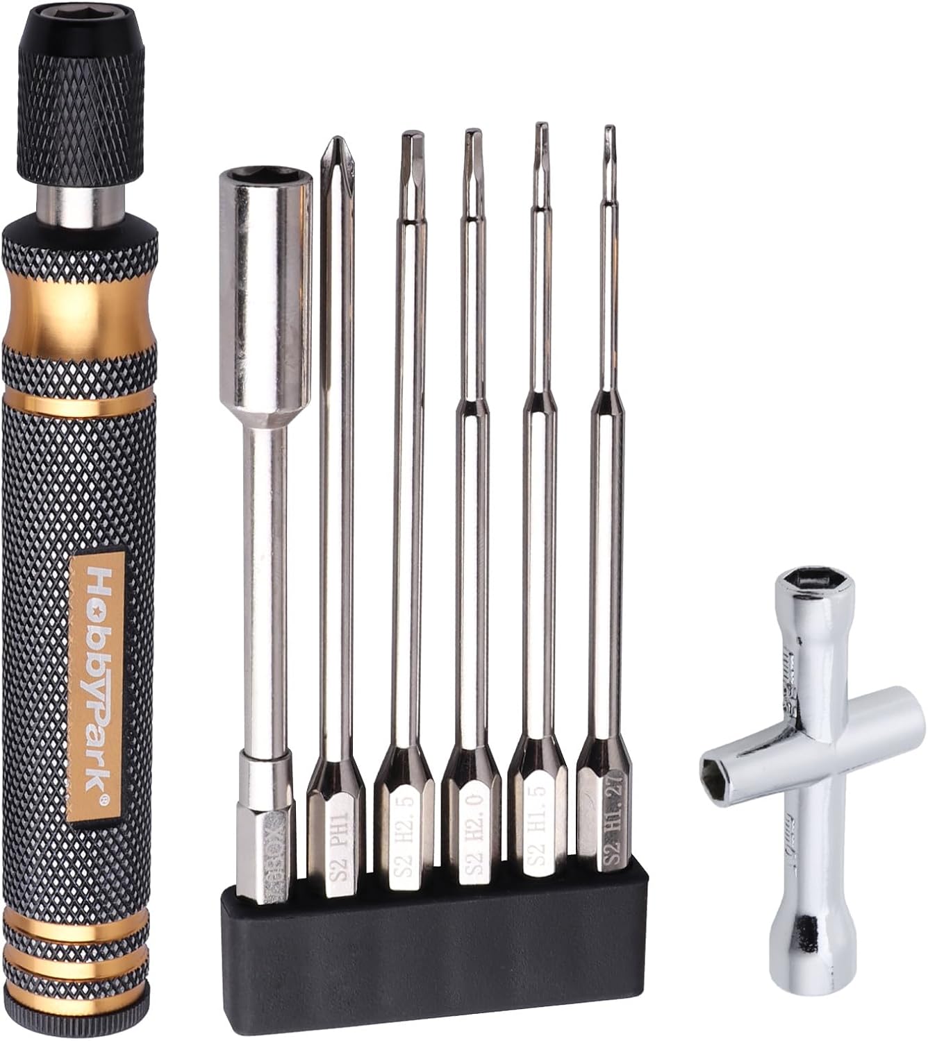 HobbyPark 6 in 1 RC Hex Driver Screwdriver Set 1.27mm 1.5mm 2.0mm 2.5mm & Hex Nut Driver & Phillips Bit and Wheel Wrench for RC Cars Trucks Crawler Hobby Pocket Tool Kit