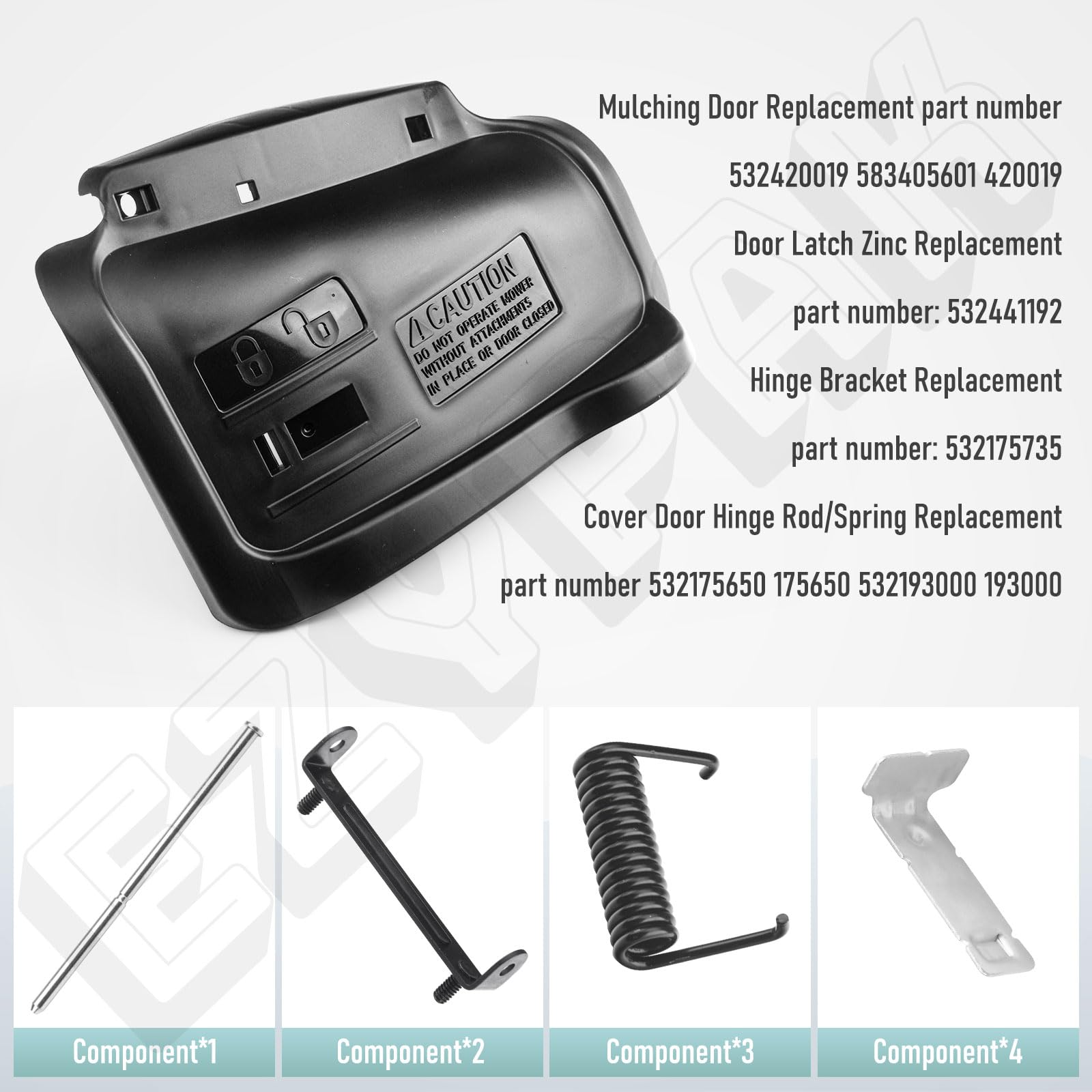 Porte mulching 532420019 55,9 cm compatible avec tondeuse à gazon Husqvarna/Craftsman avec loquet de porte 532441192 en zinc et support de charnière 532175735 et tige de charnière de porte