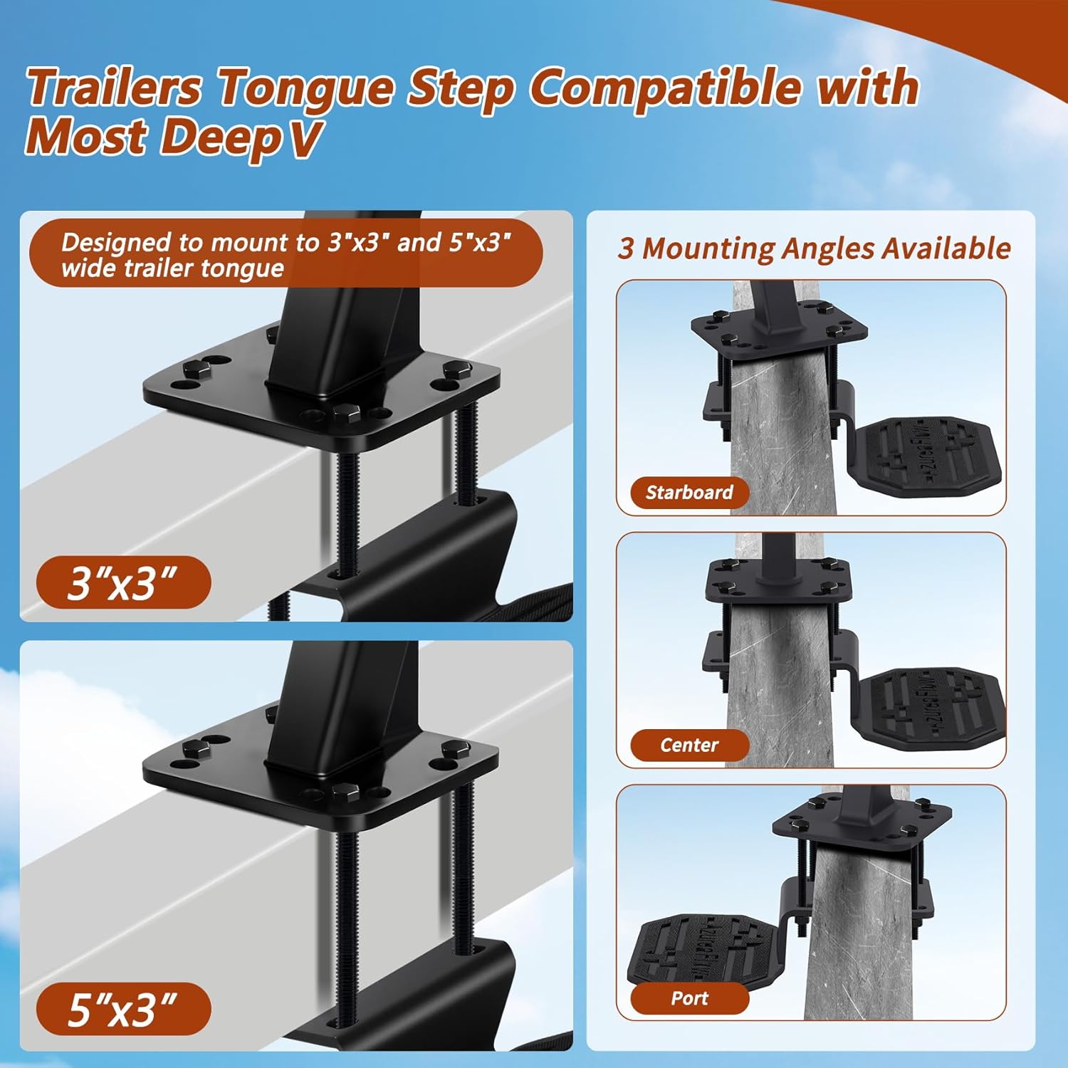 Boat Trailer Steps, Heavy Duty 3 Step Boat Steps for Trailer, Fit for Most Deep V Trailer Tongues 3-4" W x 5" H Tongues, with Handrail & Rubber Anti Slip Mat, 550lb