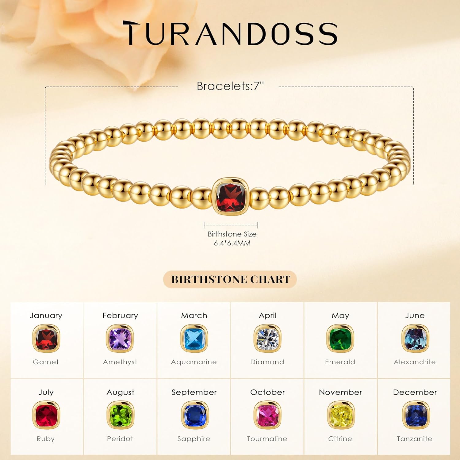Turandoss Birthstone Bracelets for Women - Dainty Elastic 14K Gold Plated Beaded Square Birthstone Bracelets Trendy Waterproof Friendship Birthday Jewelry Gifts for Women Girls - Image 4