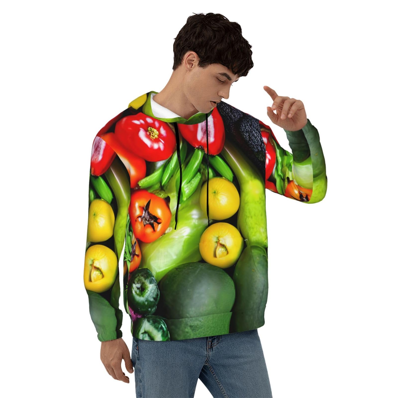Męska bluza z kapturem z nadrukiem świeżych warzyw i owoców, casualowa grafika z nadrukiem bluzy z kapturem z kieszenią