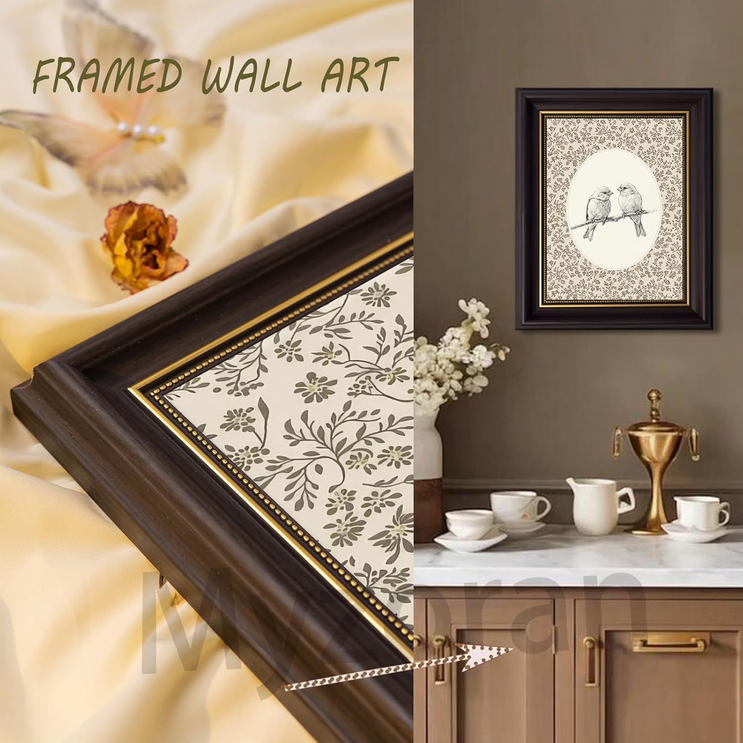 Myzoran Dark Brown Framed Wall Art,Vintage Birds Canvas Wall Art, Love Birds on a Branch Print, Antique Sparrow Sketch Pictures Rustic Cottagecore Farmhouse Decor for Living Room Bathroom 12x16in