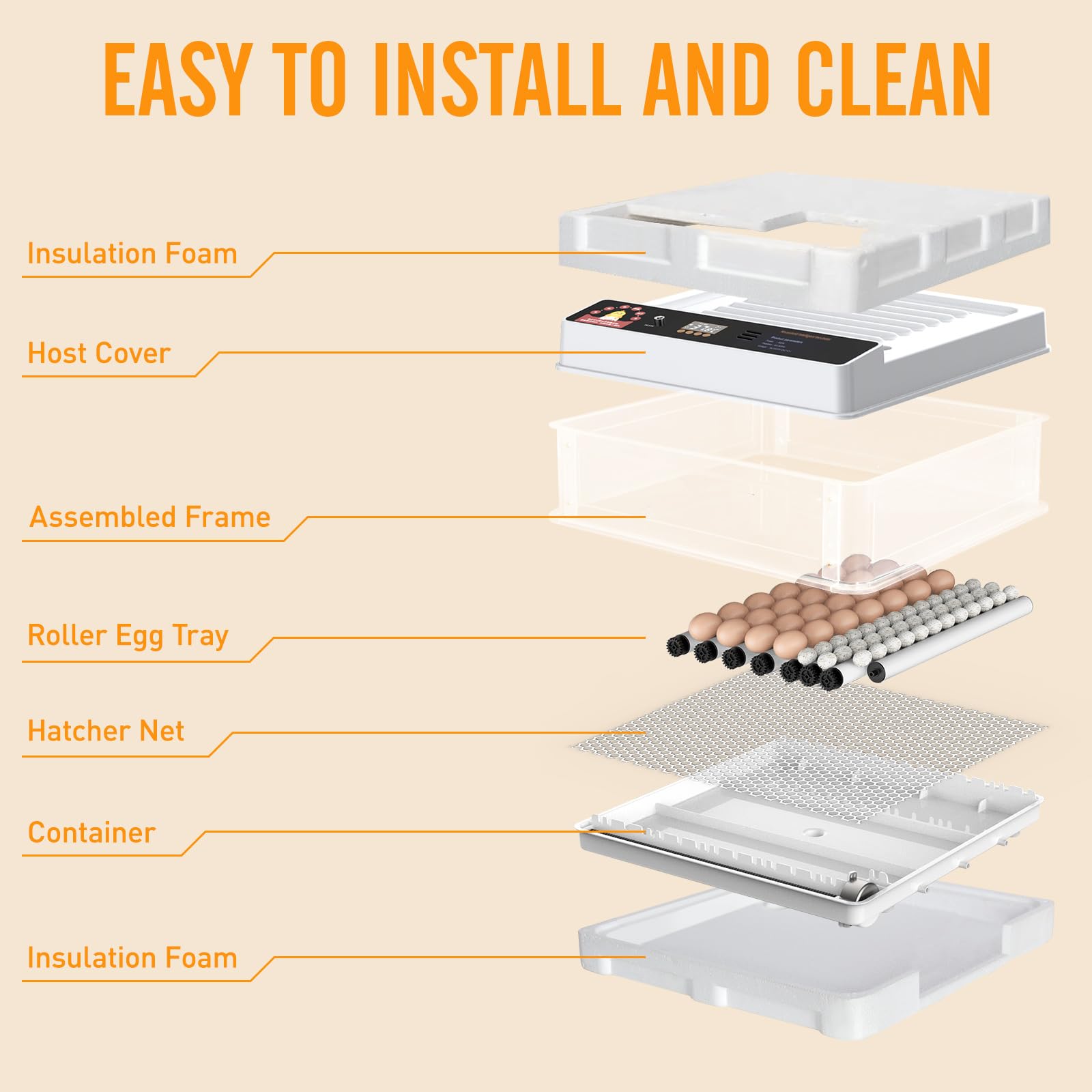Todeco Couveuse Automatique 48 Œufs, Incubateur avec Température Réglable | Retournement Automatique, Humidification Automatique, Mire-œufs LED, Double Alimentation Électrique, pour Volailles