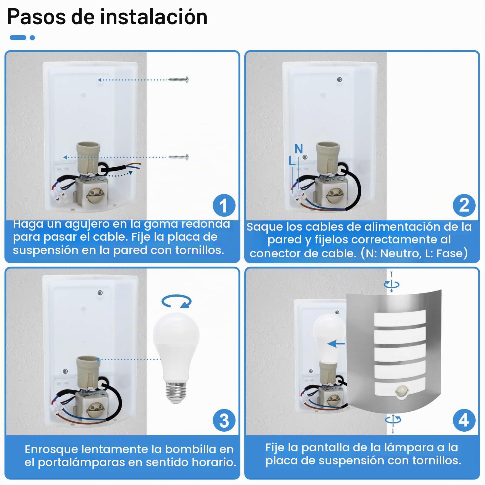 Aplique Pared Exterior/Interior Led con Sensor de Movimiento,12W E27 IP44 Blanco Cálido ABS,Lámpara Pared Moderno Acero Inoxidable para Balcón Pasillo