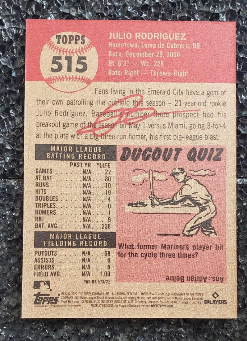 2022 Topps MLB Living Set #515 Julio Rodriguez RC Rookie Seattle Mariners PR: 9848 Official Online Exclusive Baseball Card with LIMITED PRINT RUN and Red Facsimile Signature