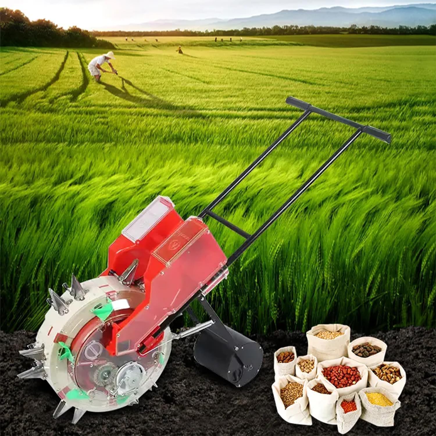 Sembradora de rodillo de empuje manual, sembradora de césped y fertilizante, maceta 2 en 1, profundidad ajustable de 1.4 a 3 pulgadas para césped y jardín, diseño de precisión de 12 agujeros