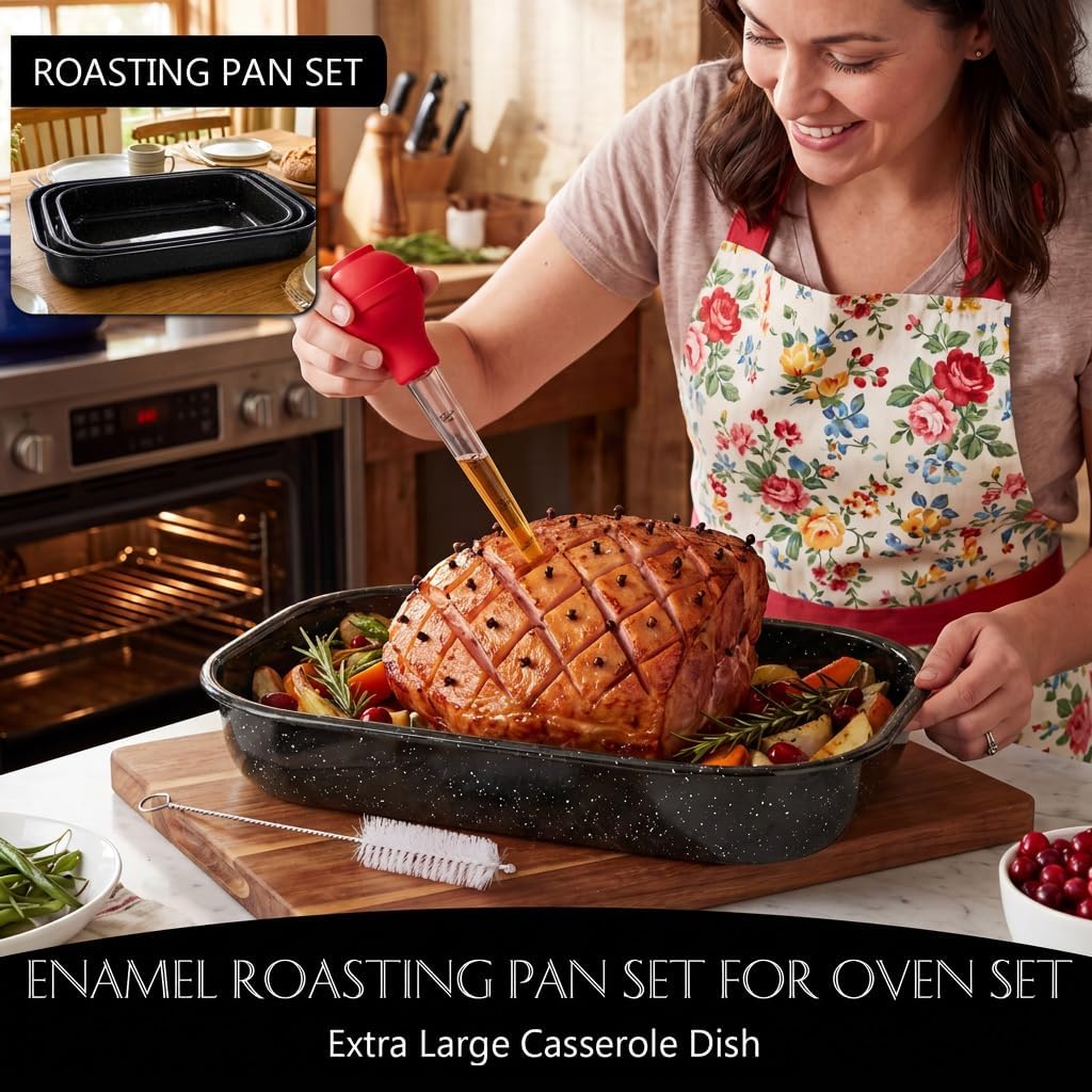 Enamel Roasting Pan Set with Rack for Oven, 17 Inch Baking Set Black