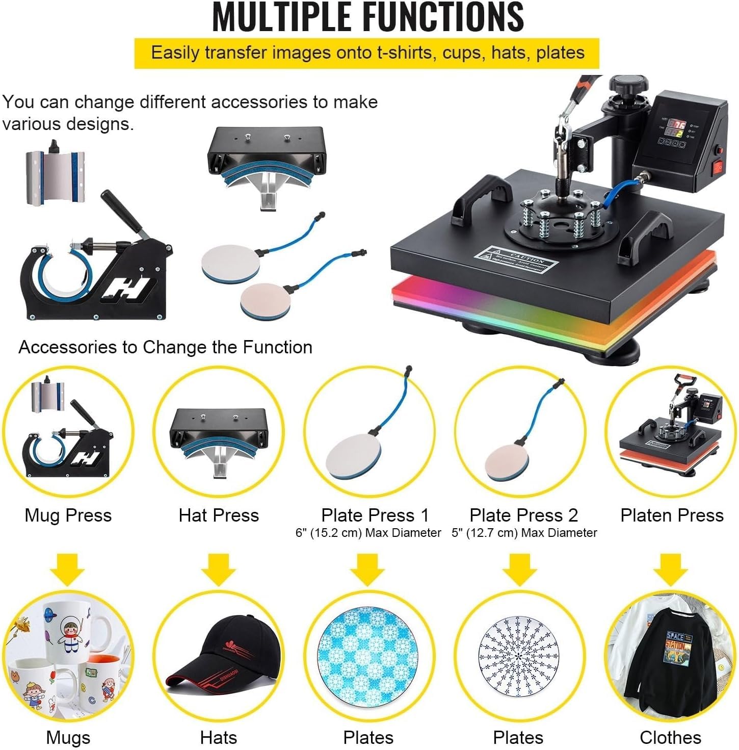 CHRISK 15x15 Zoll Wärmepresse, 6 in 1 Combo schwingen Sie T-Shirt-Sublimation-Transferdrucker inklusive Zubehör enthalten
