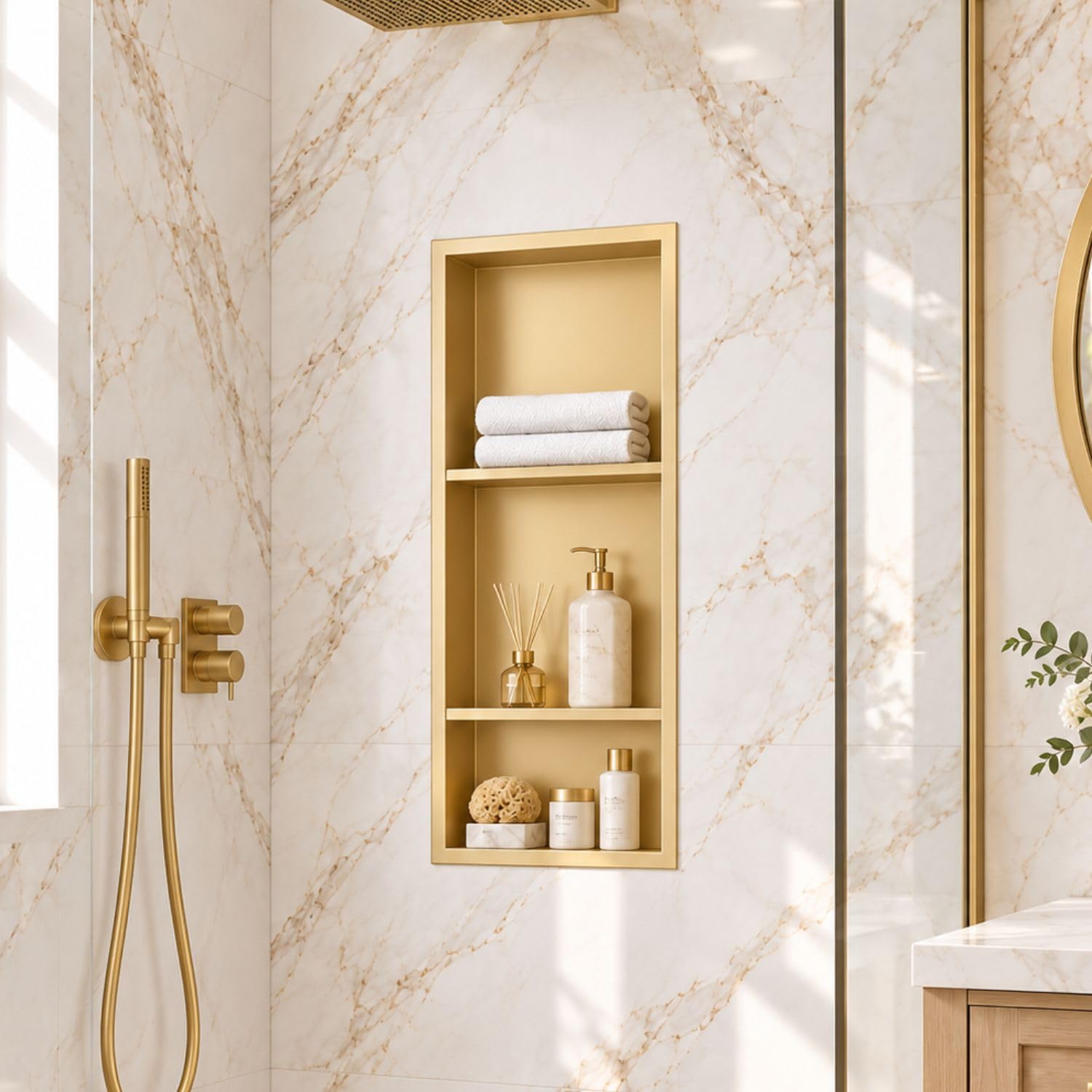 30 x 12 Inch Stainless Steel Shower Niche, No Tile Needed Wall Niche with 3- Tier Shelves, Recessed Wall Niche Insert for Bathroom Shower Kitchen Storage, Brush Gold