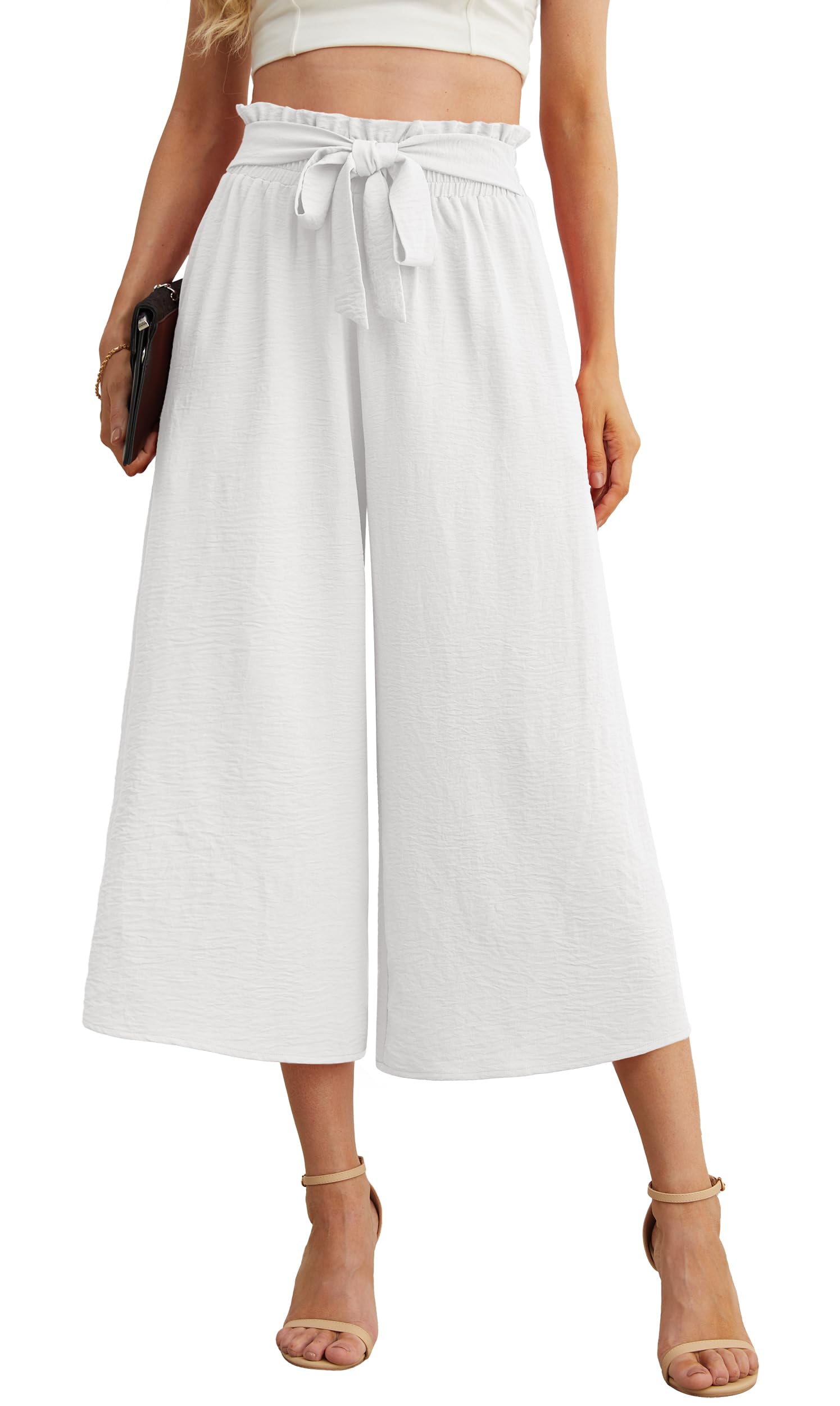 IWOLLENCE Women Flowy Loose Wide Leg Pant Summer Beach Casual Trousers high Waist Adjustable Knot Business Work Casual Pants