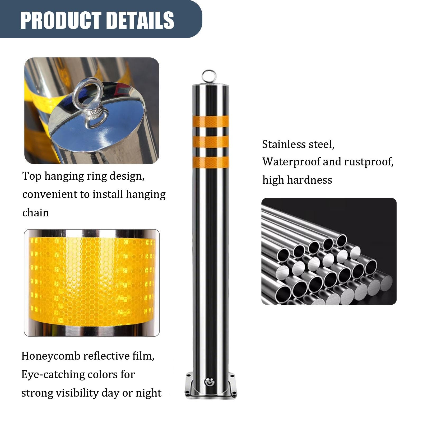 Paquete De 2 Bolardos De Seguridad De Acero Inoxidable Para Exteriores Bolardos De Barrera De Seguridad De Alta Visibilidad De 39,4 Pulgadas De Alto Bloqueables(39.4x3 in)