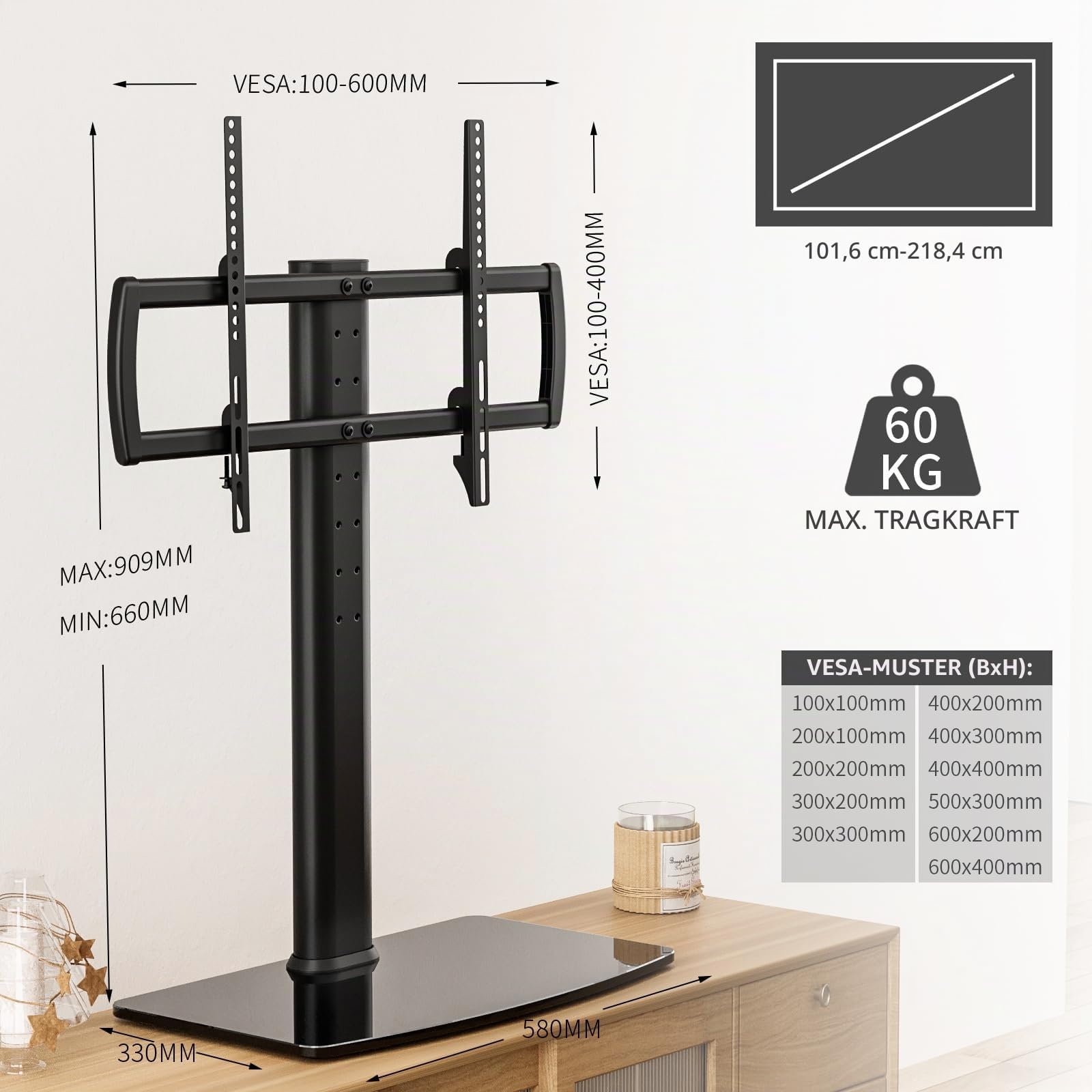 TV Standfuß Universal Höhenverstellbar Ständer Halterung Fernsehständer 40''-86'' LCD LED Flachbildfernseher Ständer Glas Aufsatz VESA 600x400mm Tischständer/Schwarz