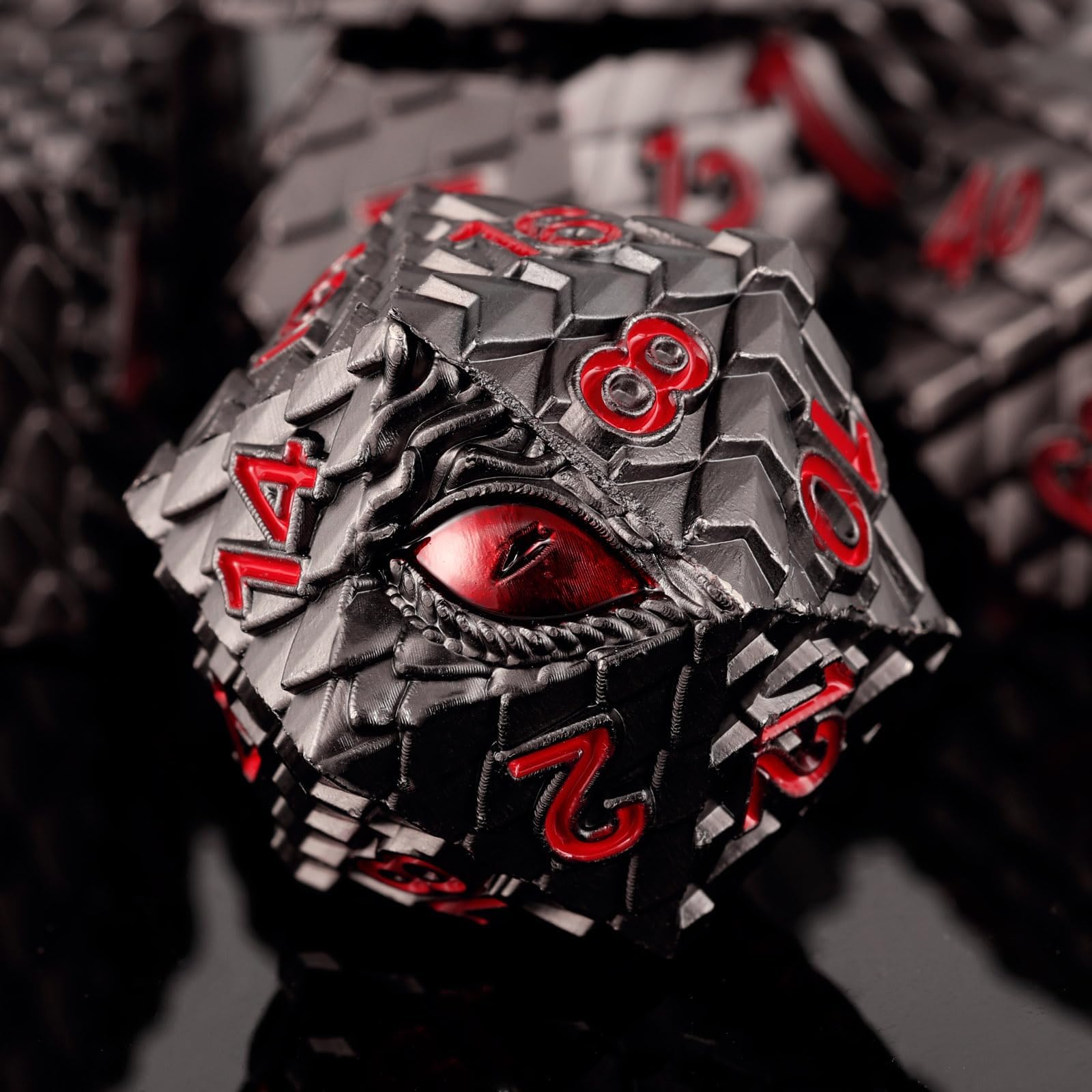 Dragon Eye Metal Dice Set - 7 Pcs Dragon Scale Metallic Dice, Gift Box for Dungeons & Dragons Tabletop Game (Black Dragon Scale & Red Eye)