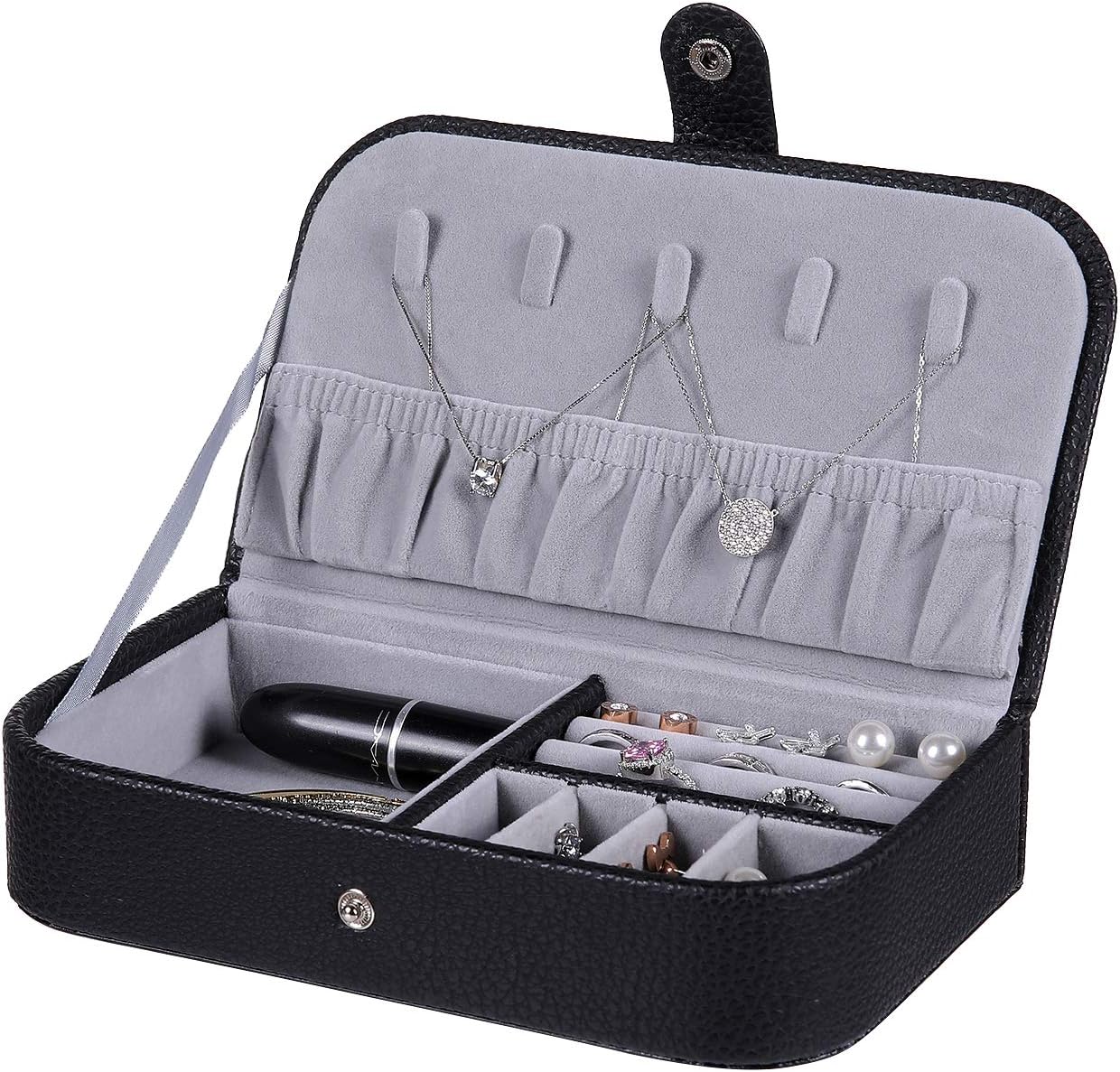 homing Small Travel Jewelry Organizer Box for Women, Portable Organizer Display Storage Case with Snap Closure for Earring Bracelet Ring Necklace, Black