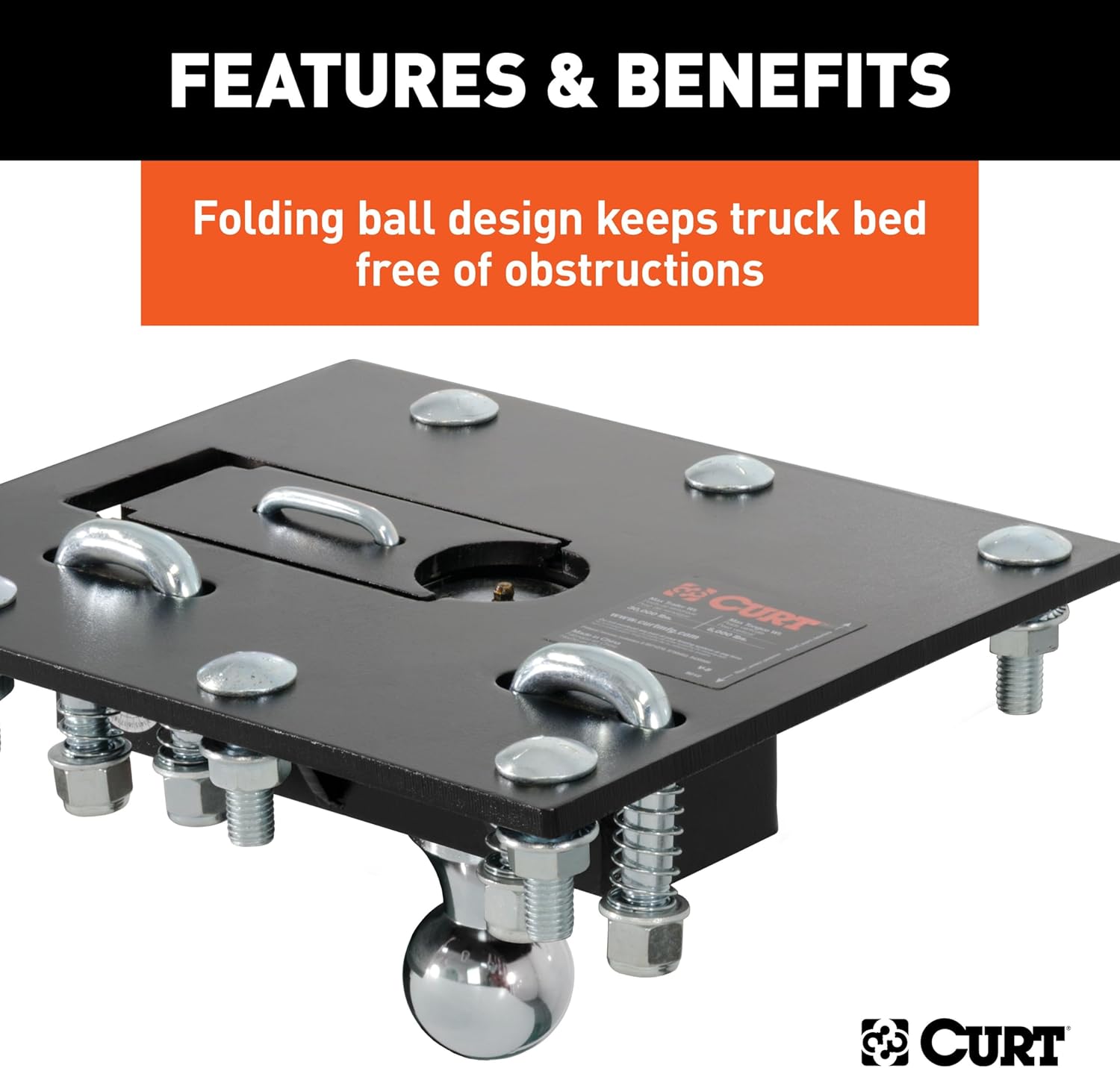 CURT 61052 gooseneck hitch with ball folded down, showing clear truck bed