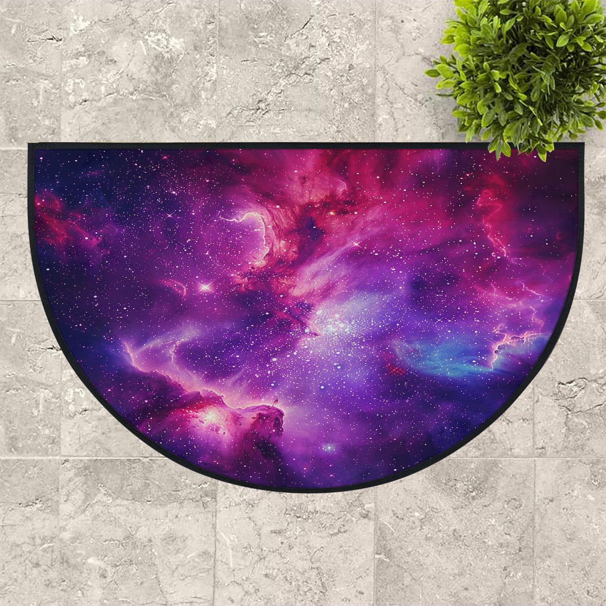 Mexpekil Paillasson demi-lune en forme de demi-lune pour intérieur et extérieur - Lavable - Absorbant la saleté - 100 x 160 cm - Motif galaxie rose et violet