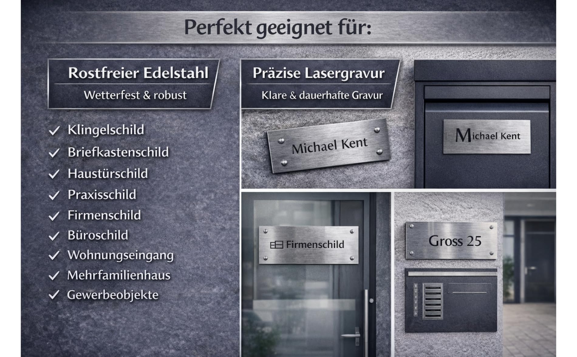 Briefkastenschild Personalisiert Edelstahl mit Gravur | Namensschild Metalschild - Gartenschild für Briefkasten Haustür | Büroschild - Bankschild - Türschild | (80x35x2 mm)