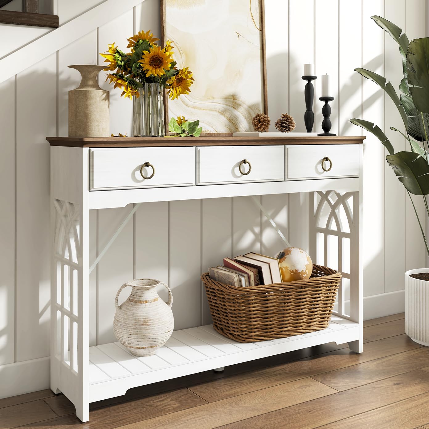 JOINICE,43" Console Tables with Drawers,Farmhouse Entryway Table with Shelf and Solid Wood Legs,Narrow Long Rustic Vintage Sofa Foyer Tables for Entryway,White