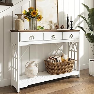 43" Console Tables with Drawers,Farmhouse Entryway Table with Shelf and Solid Wood Legs,Narrow Long Rustic Vintage Sofa Foyer Tables for Entryway,White