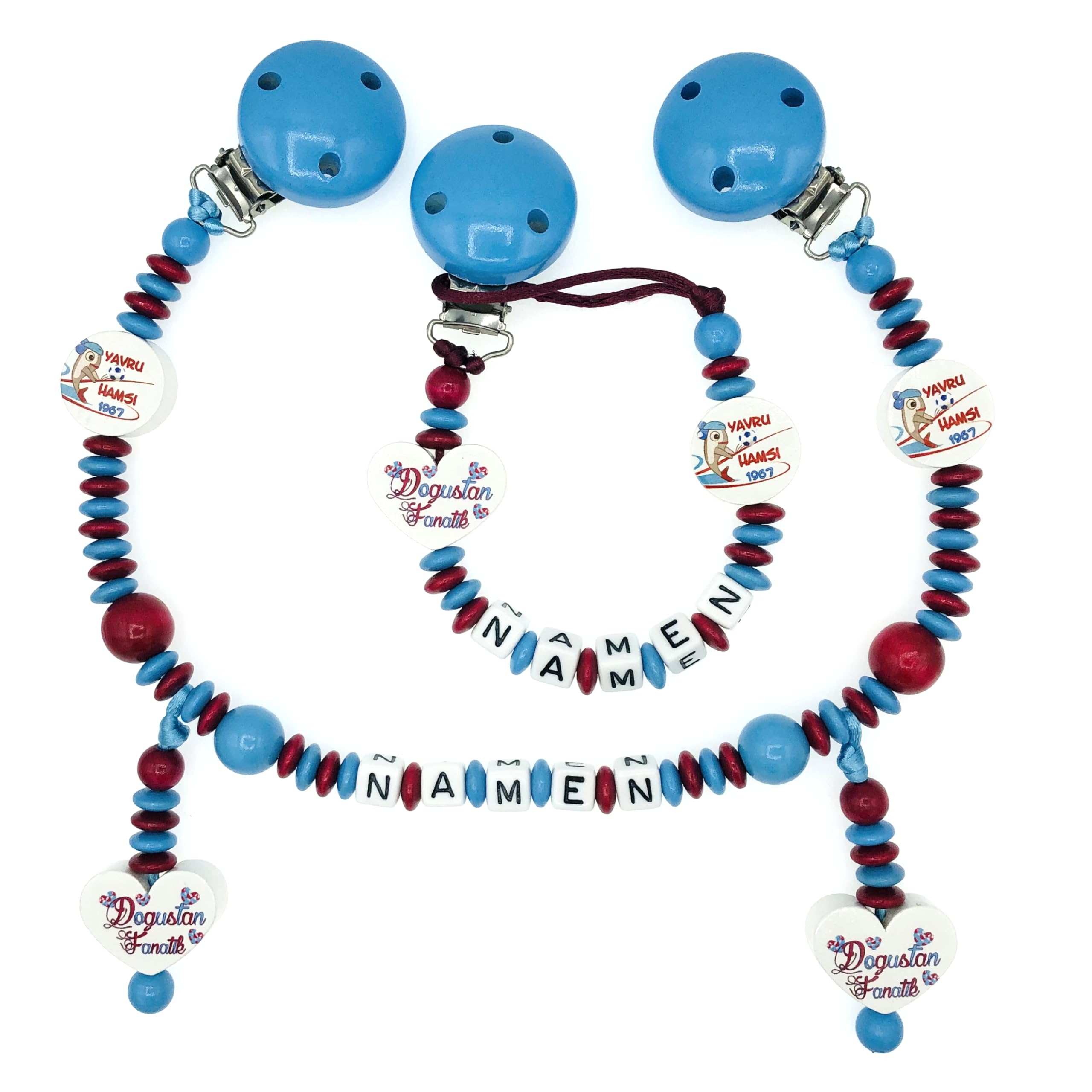 Set Nuckelkette + Kinderwagenkette mit Namen " für TRABZONSPOR Fan - YAVRU HAMSI - DOGUSTAN FANATIK " Skybalu Bordeauxrot/Baby/Unisex/Personalisiert/HANDMADE