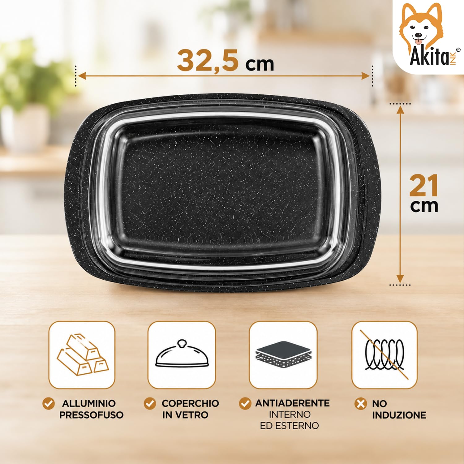 Akitaink Rostiera con Coperchio 32,5x21 cm, Teglia in Alluminio Pressofuso Antiaderente con Coperchio in Vetro, per Forno, Lavabile in Lavastoviglie