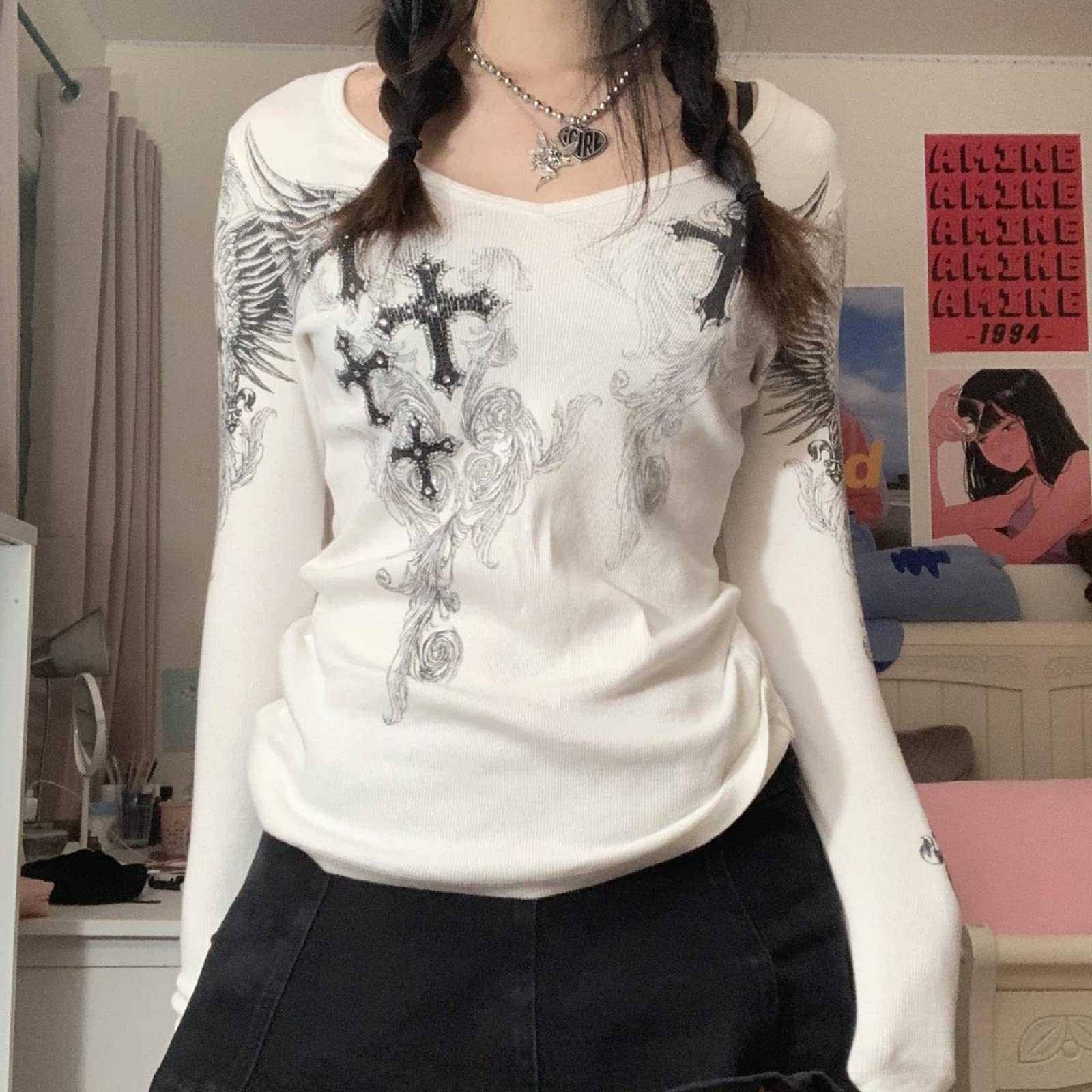 Damskie topy Y2K z długim rękawem wróżka grunge estetyczne koszule nastolatki vintage graficzne slim fit koszulki