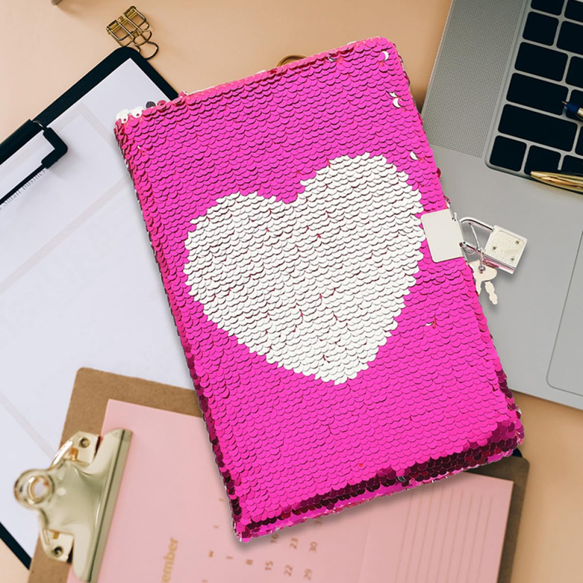 MOLUCKFU Sequin Notebook with Lock 2pcs Set, Heart and Star Pattern Flip Notebook, Lockable Planner Journal for Students and Adults, Academic Diary for Study and Personal Use