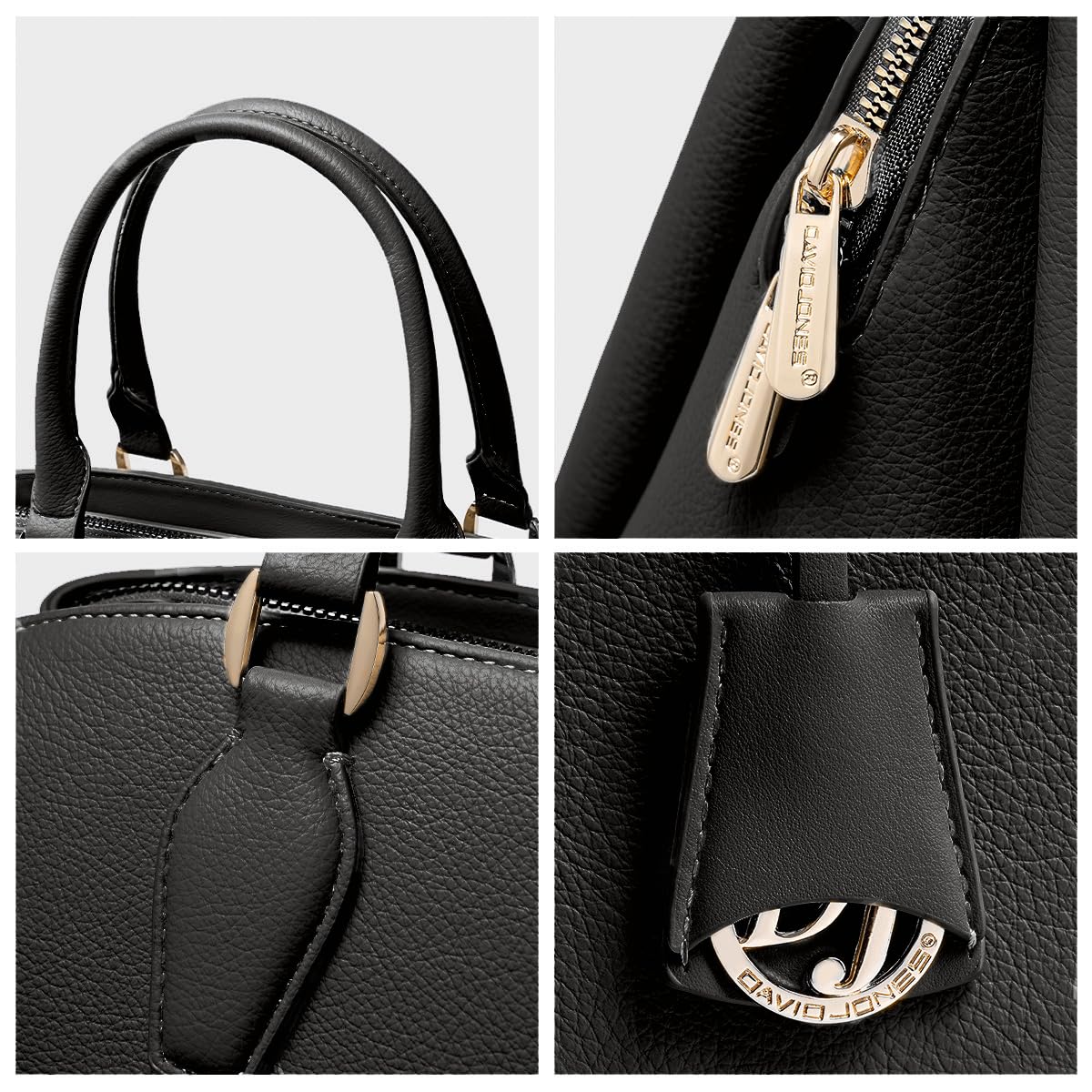 David Jones - Borsa a Mano Donna - Borsa a Tracolla Spalla Simil Pelle PU - Molti Scomparti e Tasche - Città Lavoro Elegante Classico Quotidiana - Nero