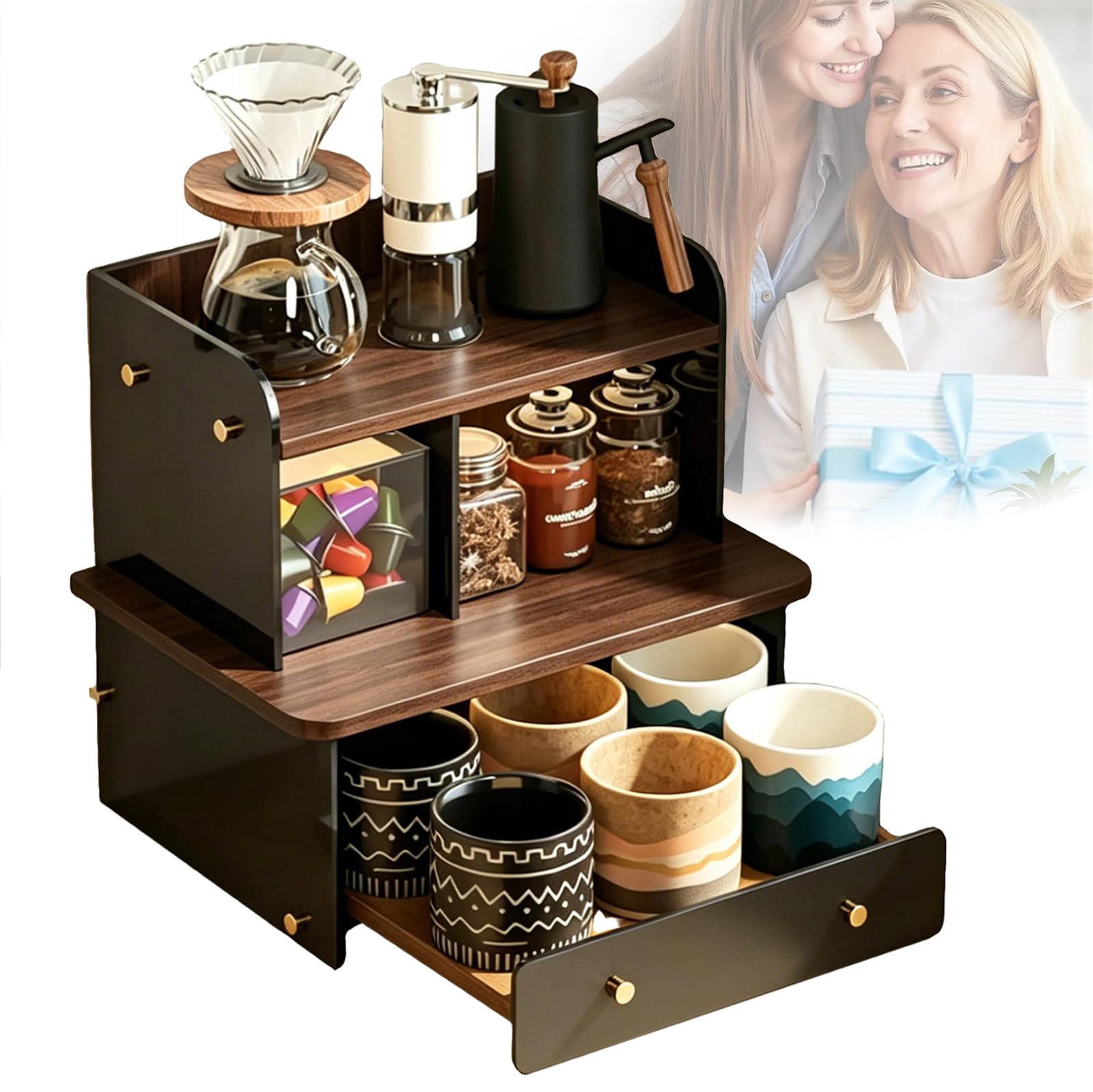Weyot Coffee Mug Display Rack, Mug Holder Countertop, Coffee Station Organizer, Counter Shelf for Tea Coffee Bar Accessories, Matcha Stand, Kitchen Condiment Storage Rack Brown,32x26x35cm