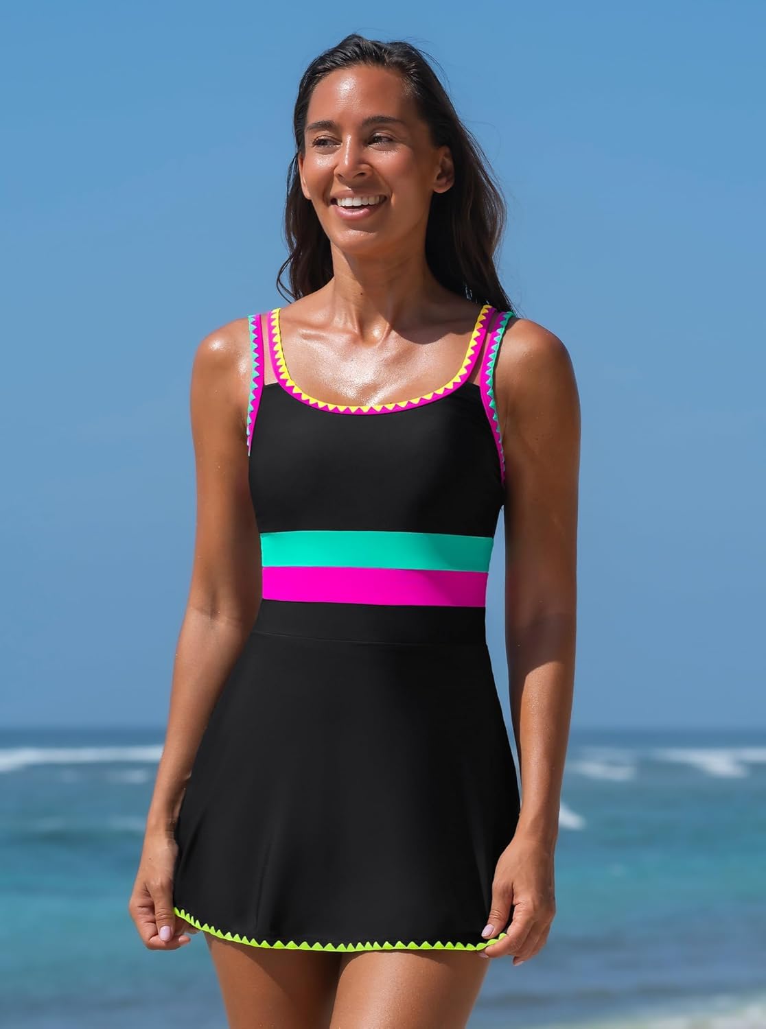 popvil Women One Piece Swimsuit 2026 Tummy Control Bathing Suit Neon Modest Swim Dress with Skirt Full Coverage - Image 3