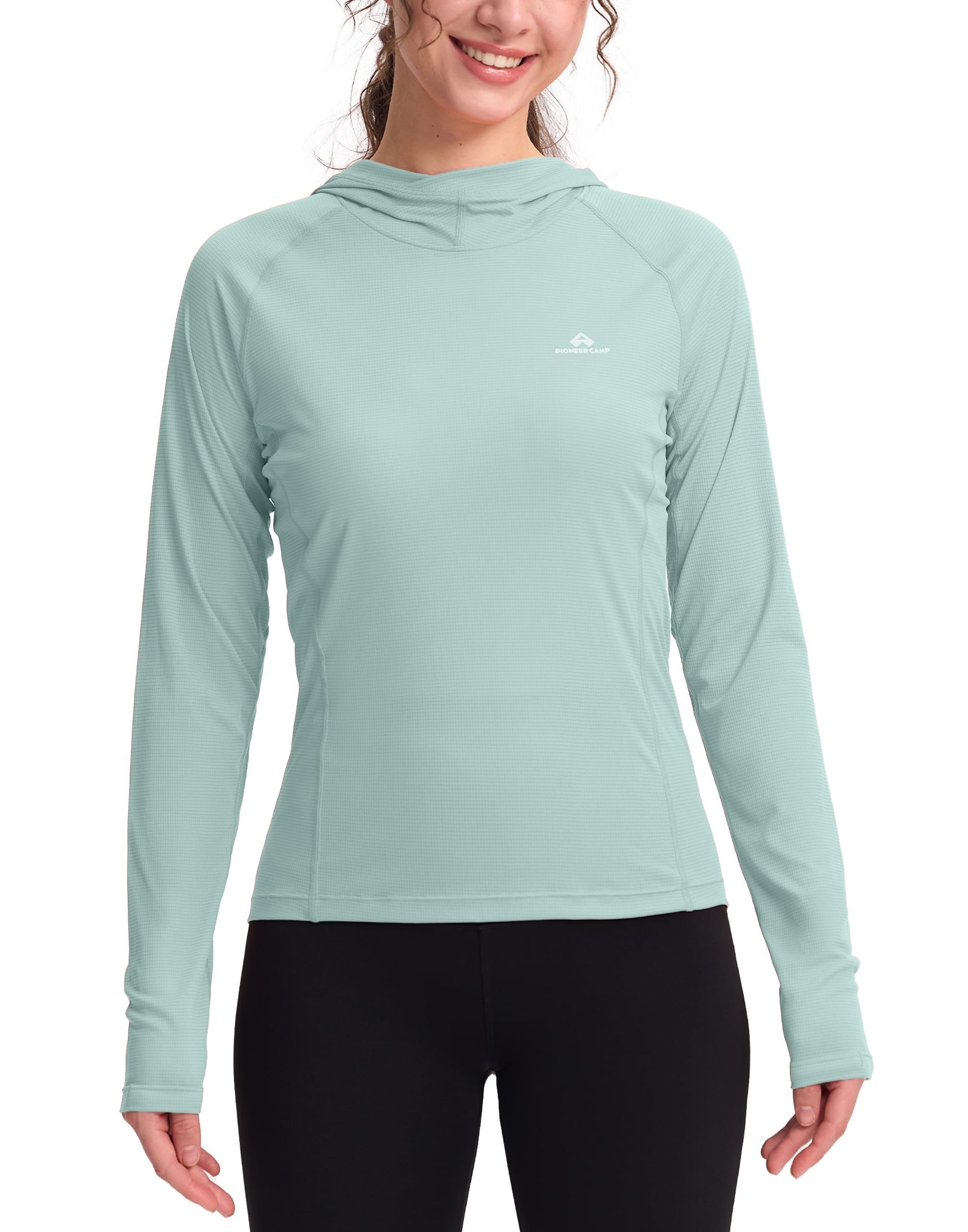 Pioneer Camp UPF23+ - Maglietta sportiva da donna con cappuccio, ultra leggera (90 g), ad asciugatura rapida e traspirante, a maniche lunghe, con fori per i pollici, per trekking, trekking