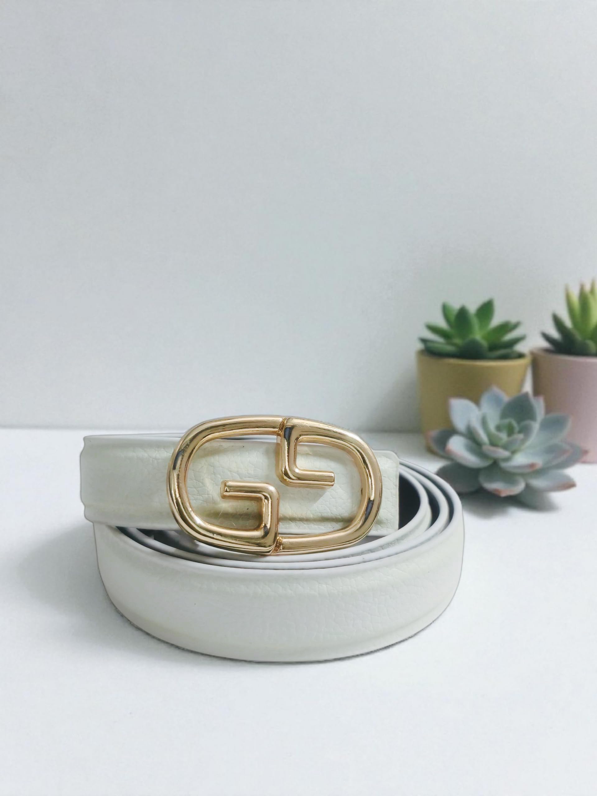 Women Artificial Leather Belt with Gold Rectangular Buckle | Stylish Casual & Formal Waist Belt (4011-WHITE_)-image-44