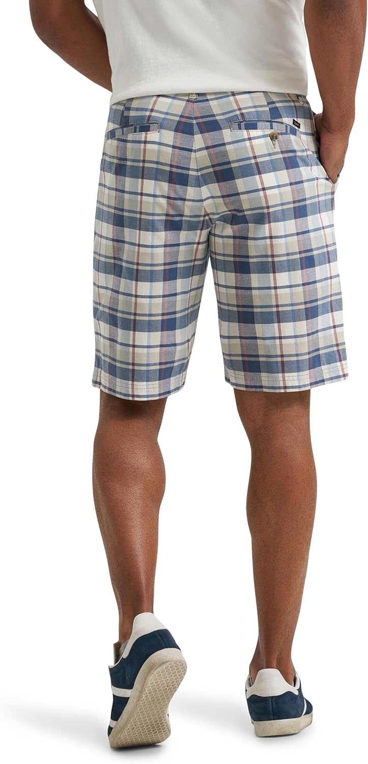 Lee Men's Extreme Motion Flat Front Short, Slate Gray Plaid, 33