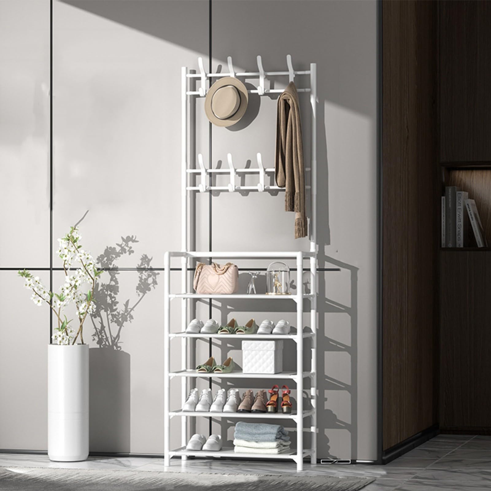 MYUYEE Coat Rack And Shoe Rack Entryway Coat Rack 5-Tier Entryway Coat Rack Entryway Bench Storage Orga With 8 Hooks Black, 60Cm(Wei?-60Cm)