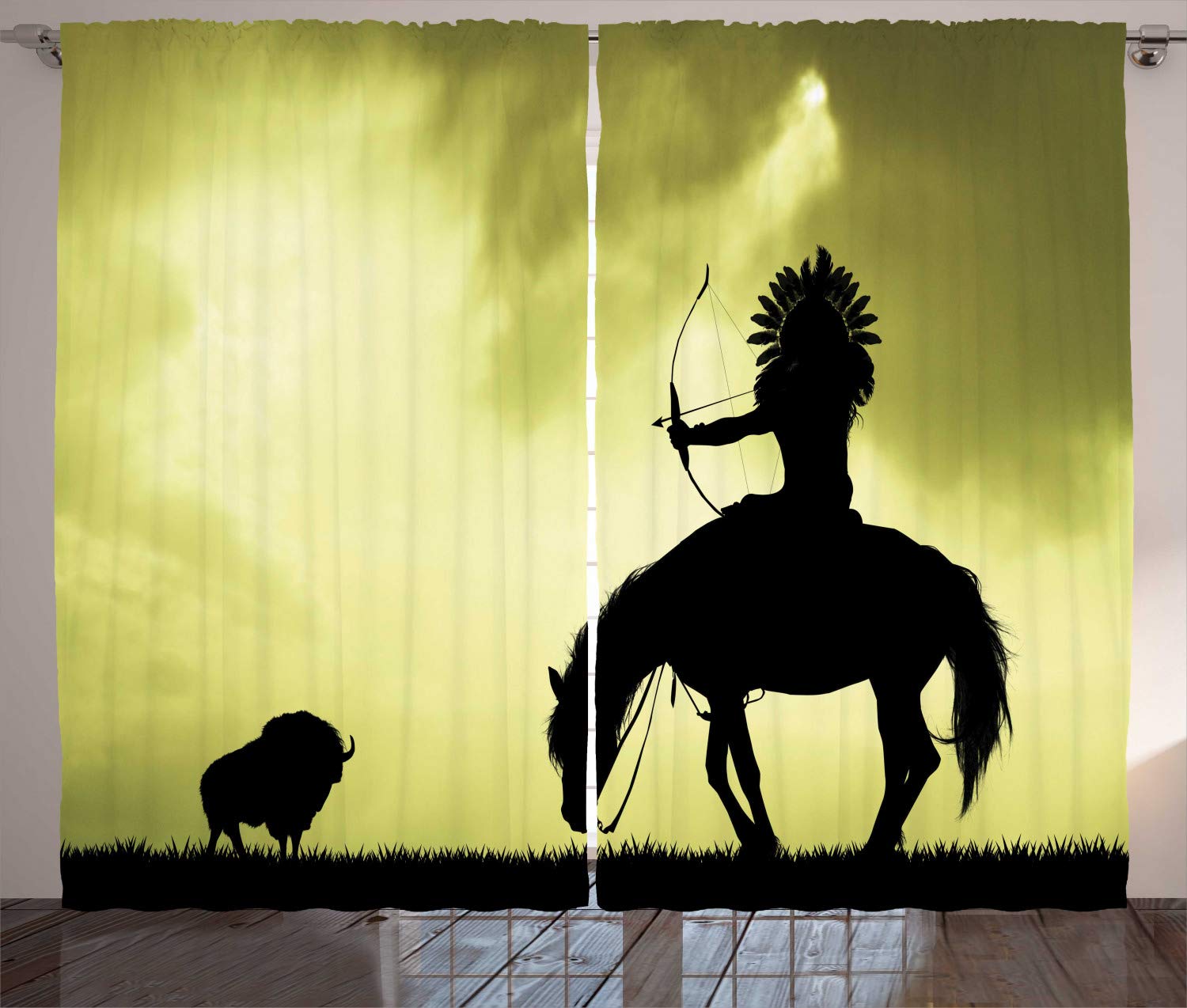 ABAKUHAUSBuffalo Curtains, Mounted Archery Tribe Man Bison on Horseback Sunset Scene Wildlife Layout, Living Room Bedroom Window Drapes 2 Panel Set, 96 L X 110 W, Yellow and Grey