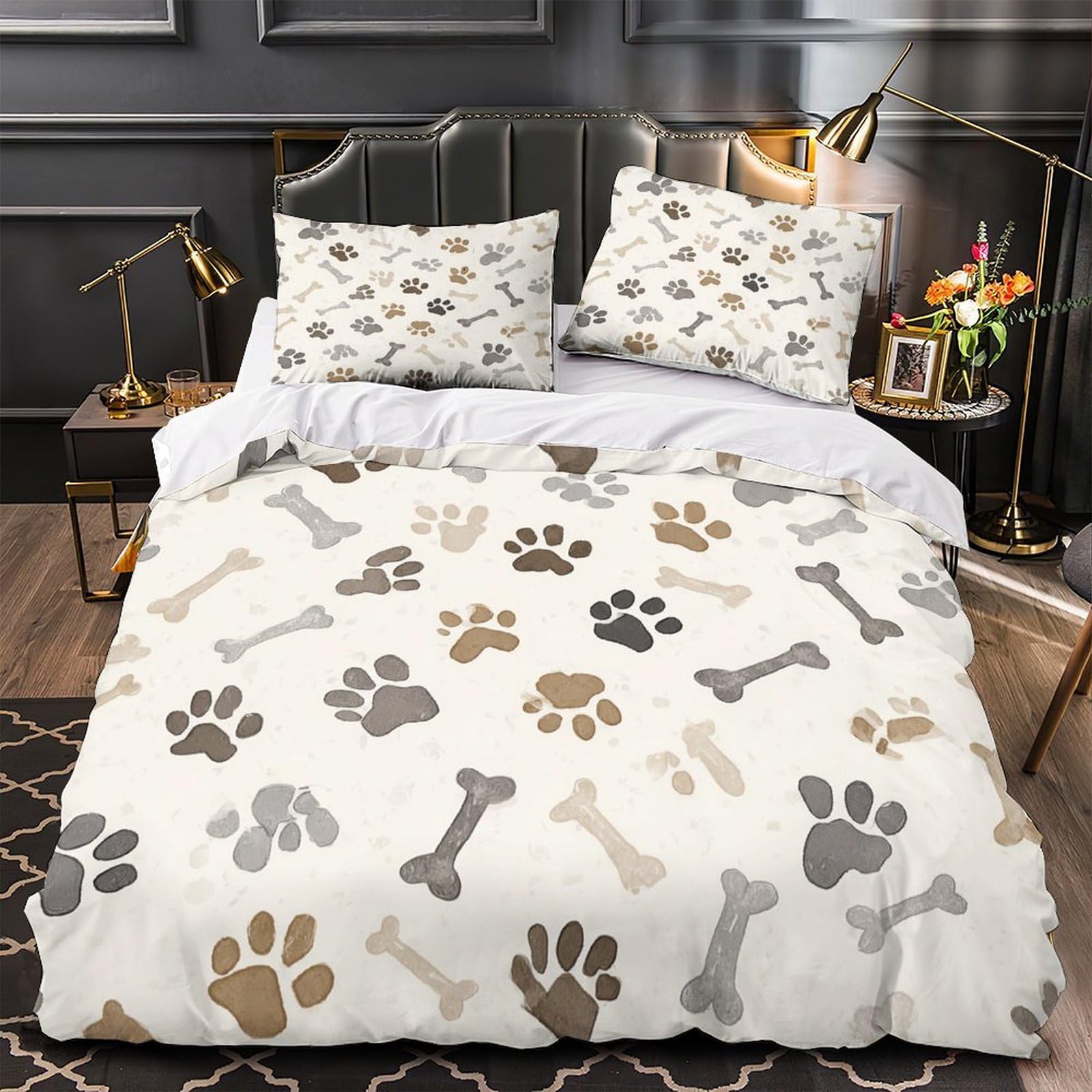 Parure de lit empreintes de chien en microfibre super douce et fermeture éclair invisible